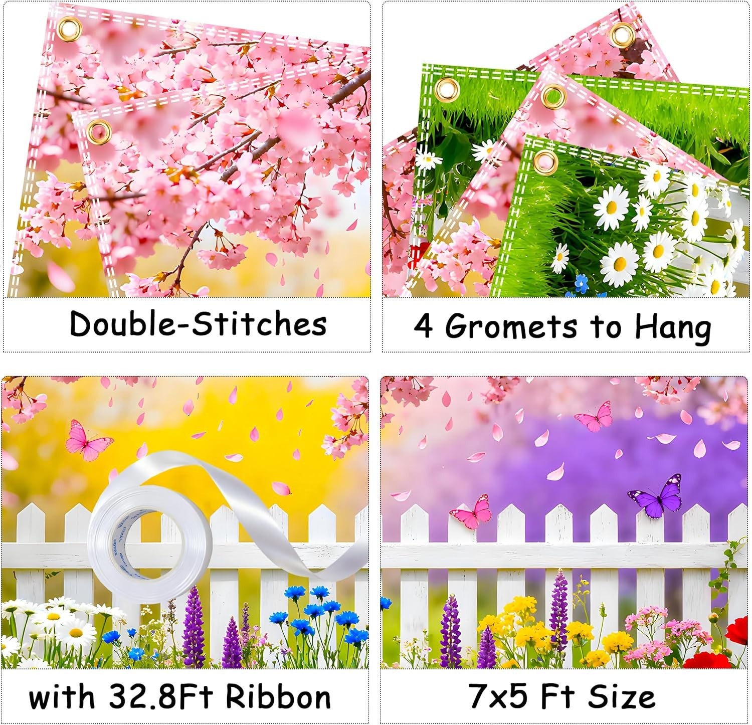 Spring Easter Backdrop 7X5Ft Pink Flowers Garden Backdrop Polyester Easter Backd