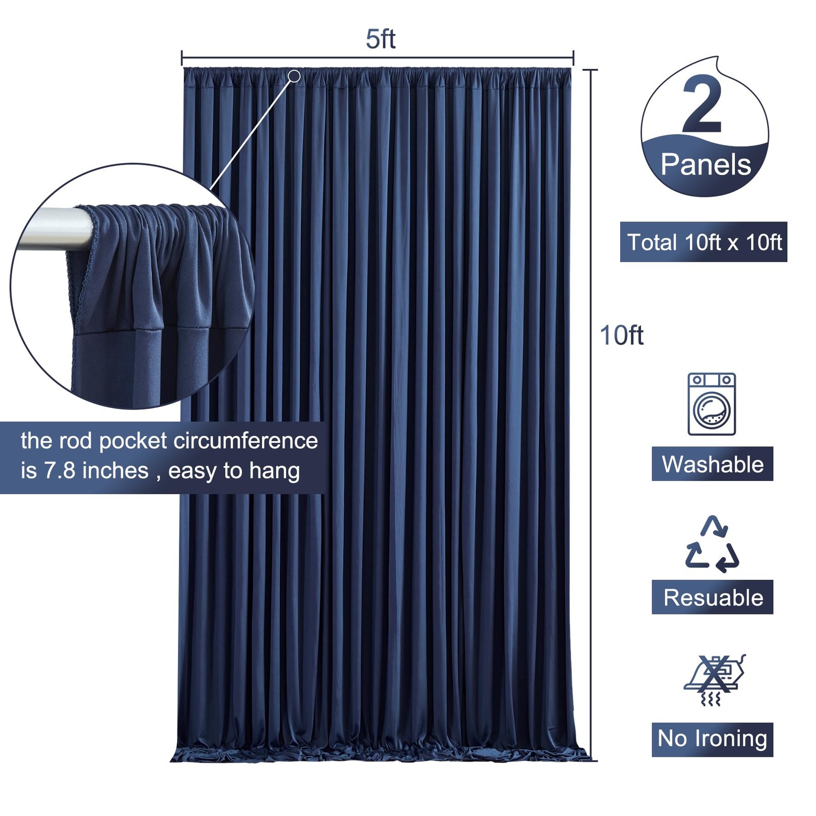 10×10 Ft Navy Blue Backdrop Curtain Wrinkle Free Photo Background Drape Panel