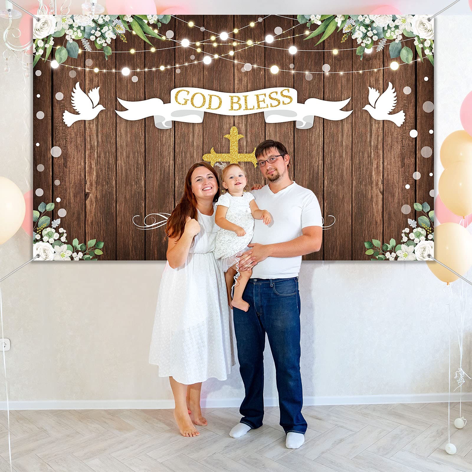 71 x 43 Inch God Bless Baptism Backdrop First Holy Communion Party Decoration