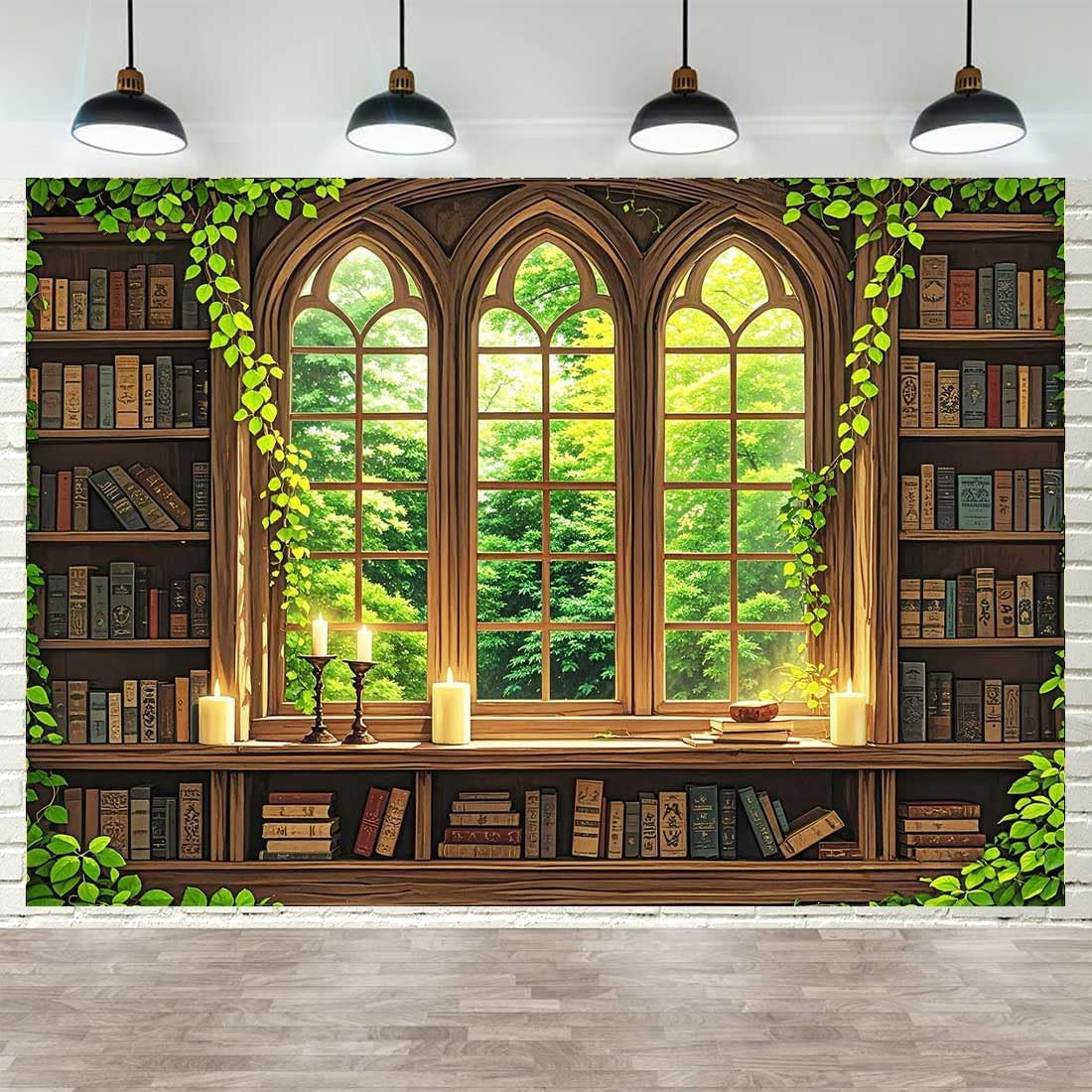 Vintage Wooden Bookshelf Backdrop for Photography Retro Library Window Green