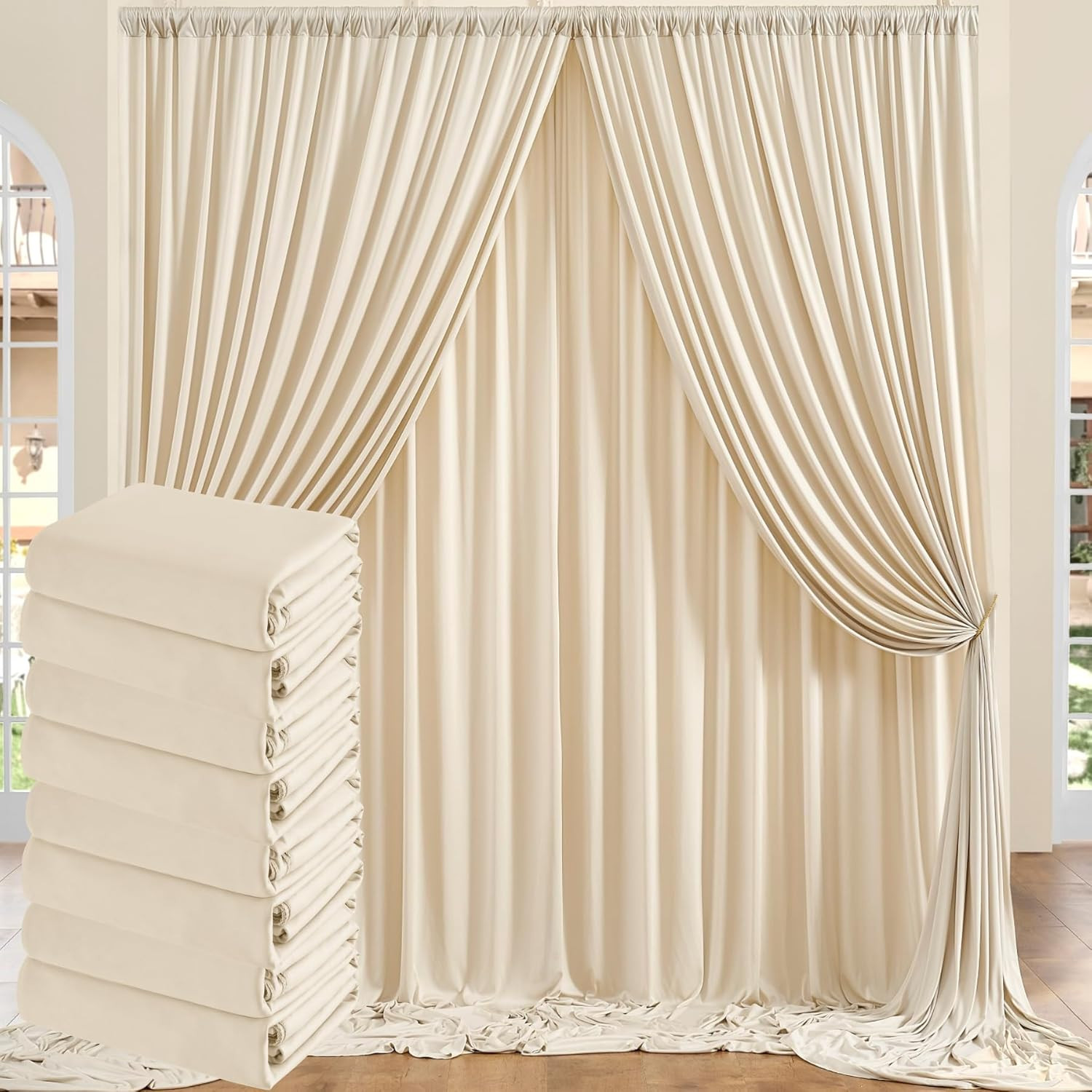 40Ft Wrinkle-Free Beige Backdrop Curtain for Weddings & Parties, 8 Panels