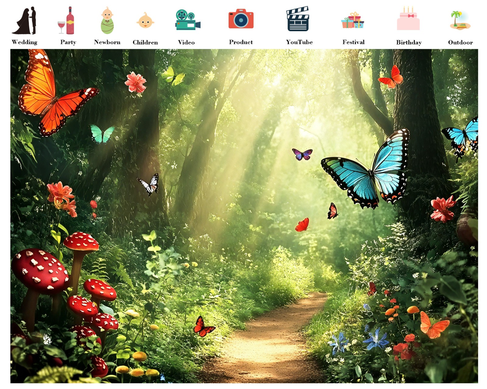 10x8ft Spring Enchanted Forest Backdrop Red Mushroom Background for Photography