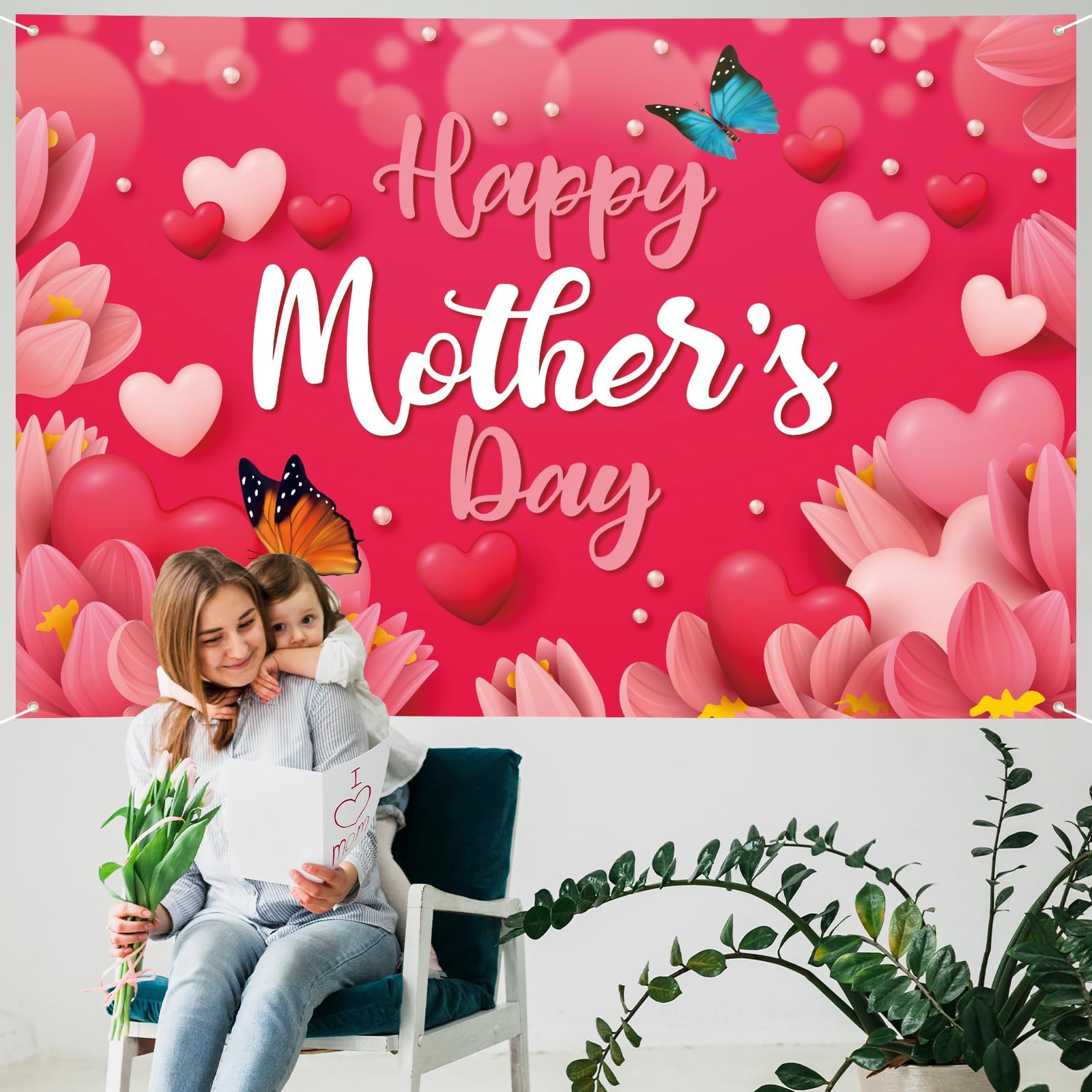 Mothers Day Banner 72″ x 48″ Decorations Happy Mother’s Day Backdrop Flowers Red