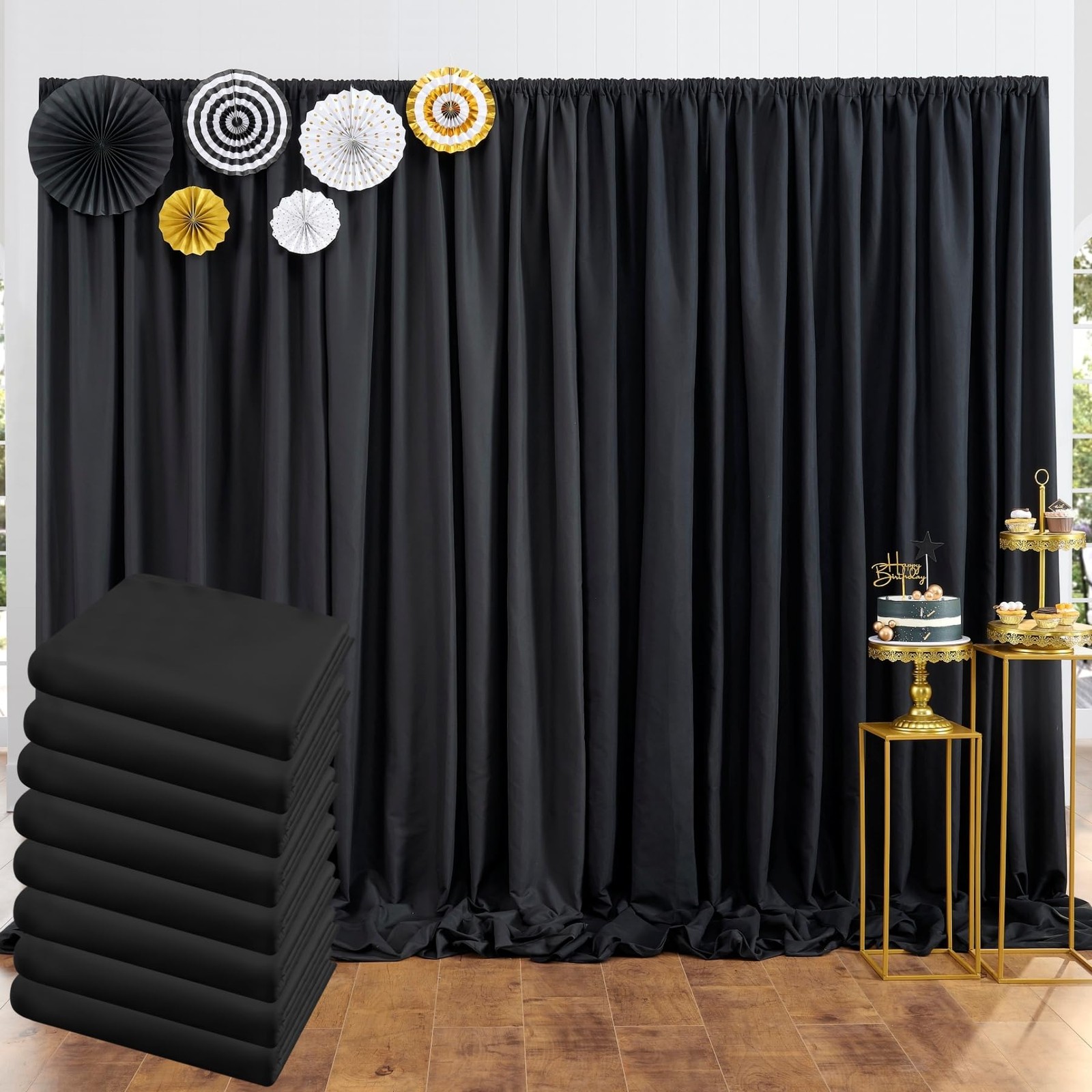 8 PCS 5×10 FT Thick Black Polyester Backdrop Curtains Wedding Photo Drapes