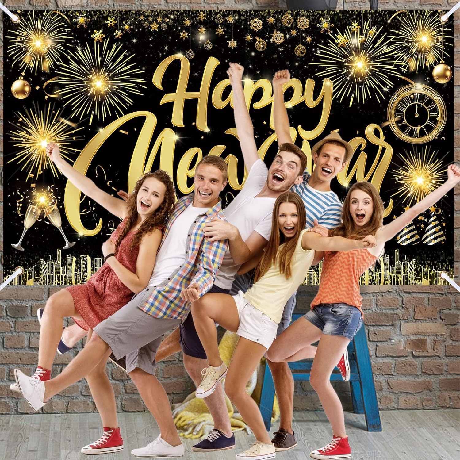 Famoby Happy New Year Fabric Sign Poster Banner Backdrop with Fireworks Large