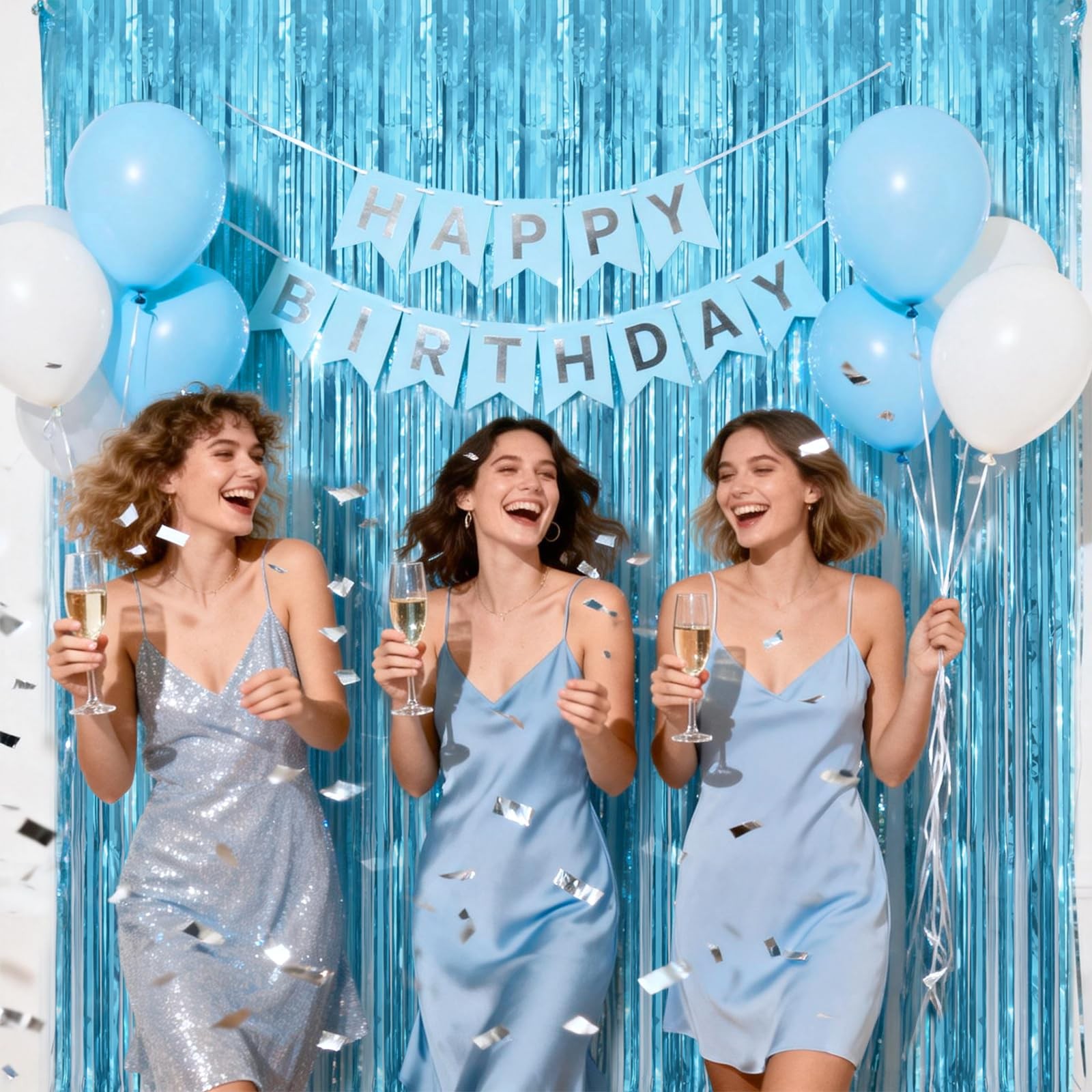 Light Blue Tinsel Foil Fringe Curtain Photo Backdrop 3.2×6.5 Ft 3 Pack