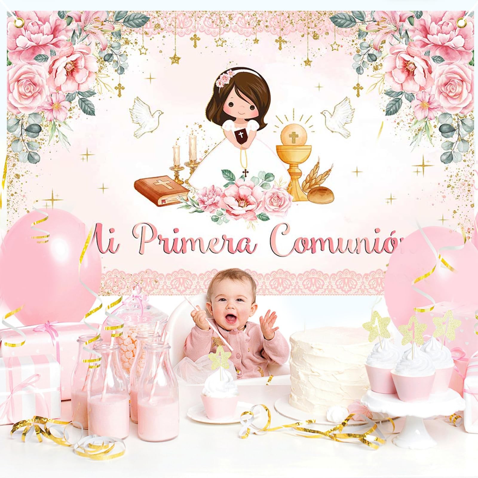 Mi Primera Comunion Banner Baptism Backdrop for Girls Pink Floral God Bless F…