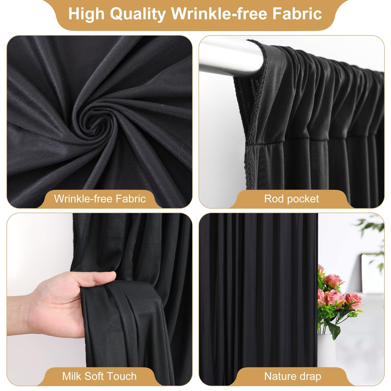 8x10FT Black Backdrop Curtains Wrinkle Free Polyester Photography 2 Panels