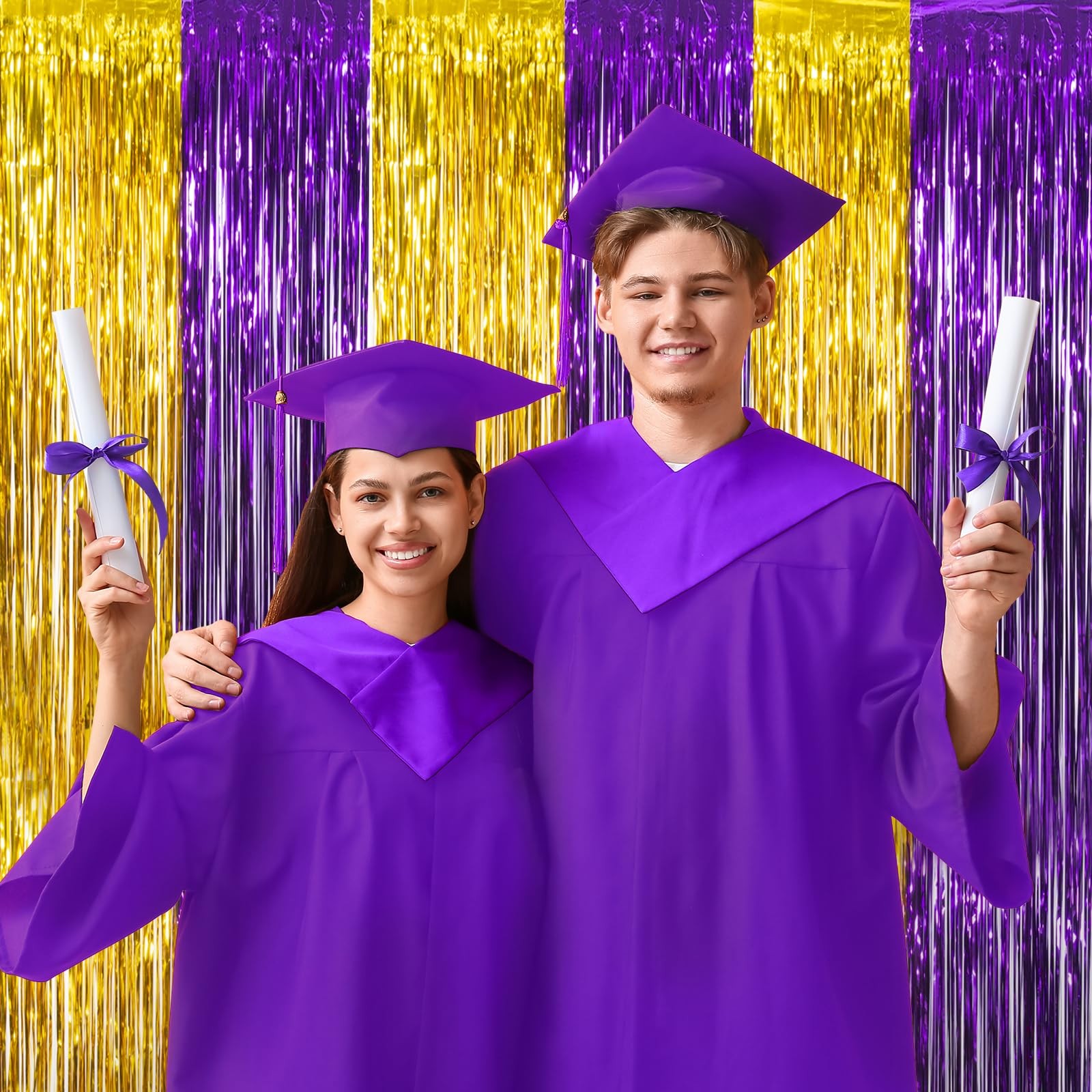 Graduation Party Decoration, 2 Pack Purple Gold Foil Fringe Curtain