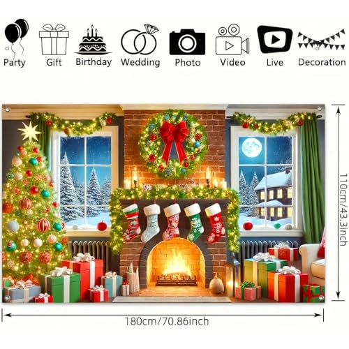 Christmas Fireplace Banner 71×43 Inch Indoor Holiday Decorations Tree – Tree
