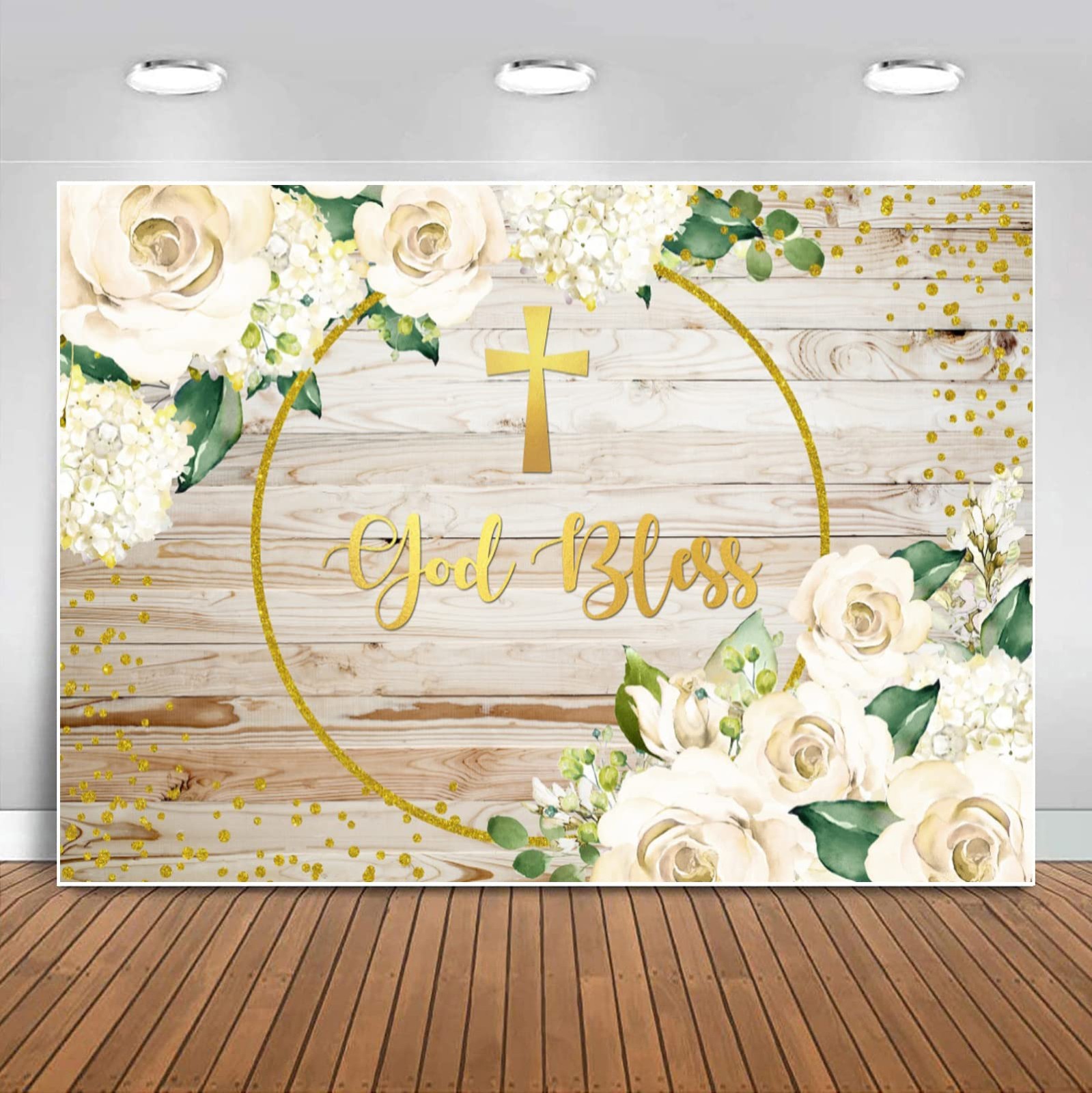 God Bless Backdrop Rustic Wood White Floral Newborn Baby Shower Photography B…