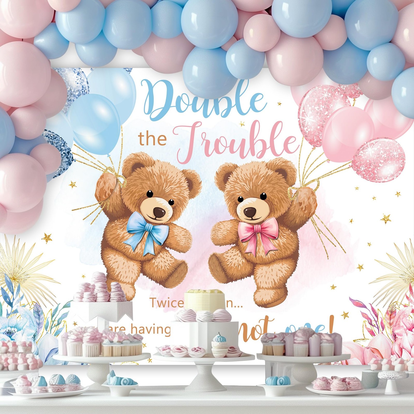 7Wx5H Feet Double The Trouble Twins Baby Shower Gender Reveal Backdrop