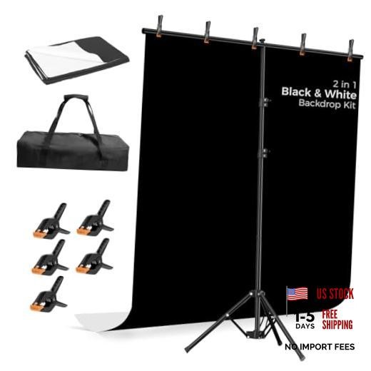 Photo Backdrop with Stand Kit 6.5x5ft, Photography Black and White 2-in-1