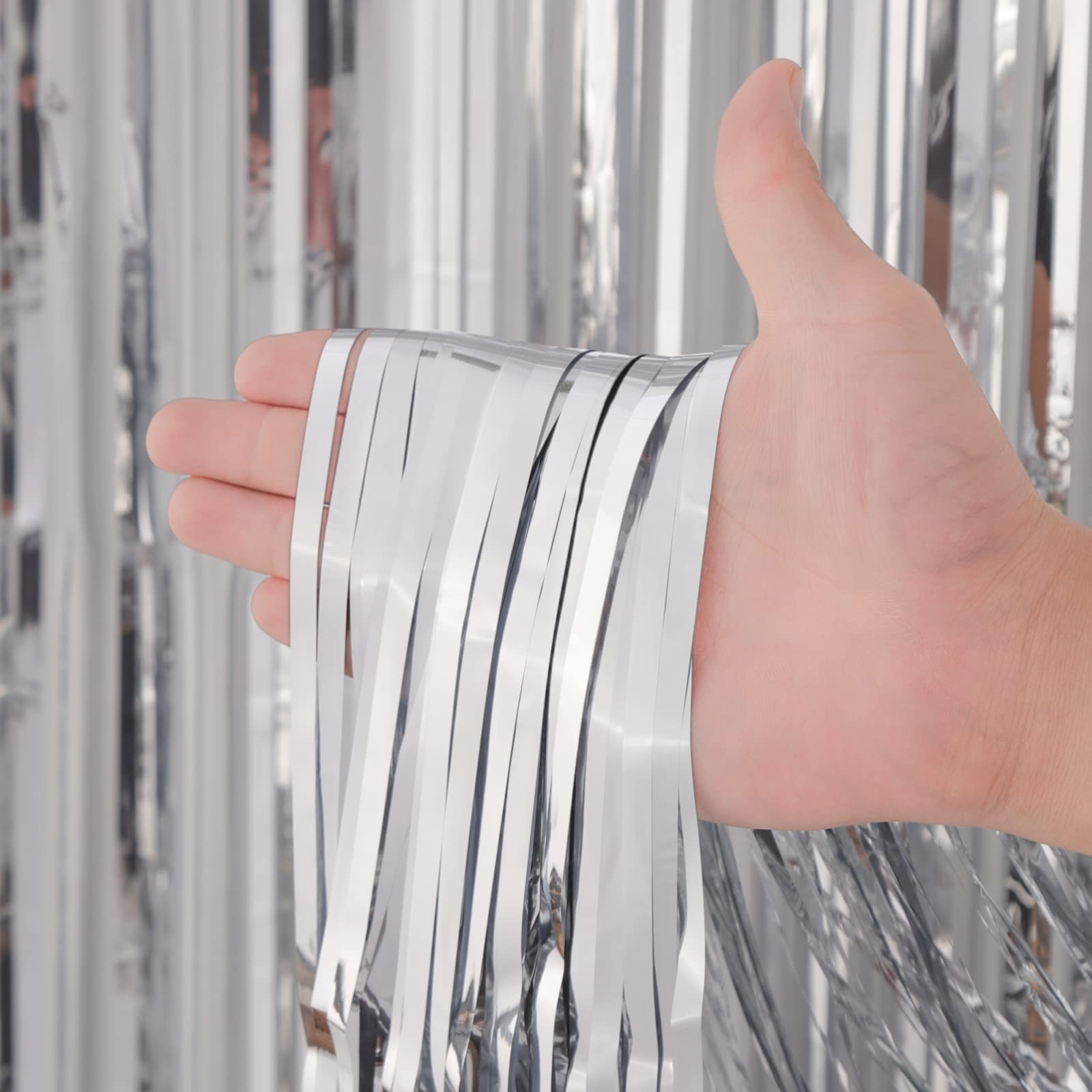 Silver Foil Fringe Backdrop Curtains 3.3×8.2 Feet Tinsel Party Streamers 3 PCS