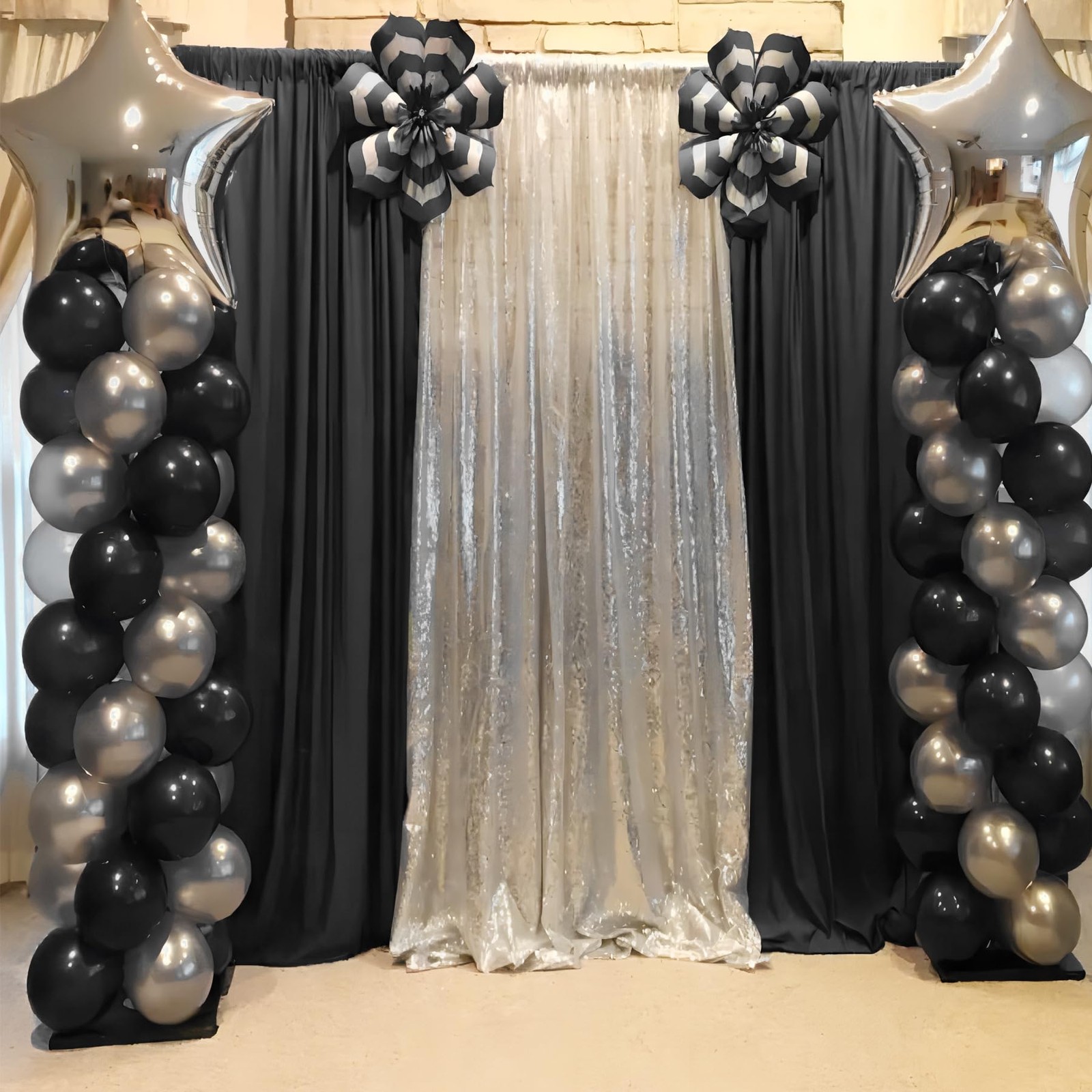 2 PCS 8x10FT Black Backdrop Curtains WrinkleFree Polyester Photo Drapes Stand