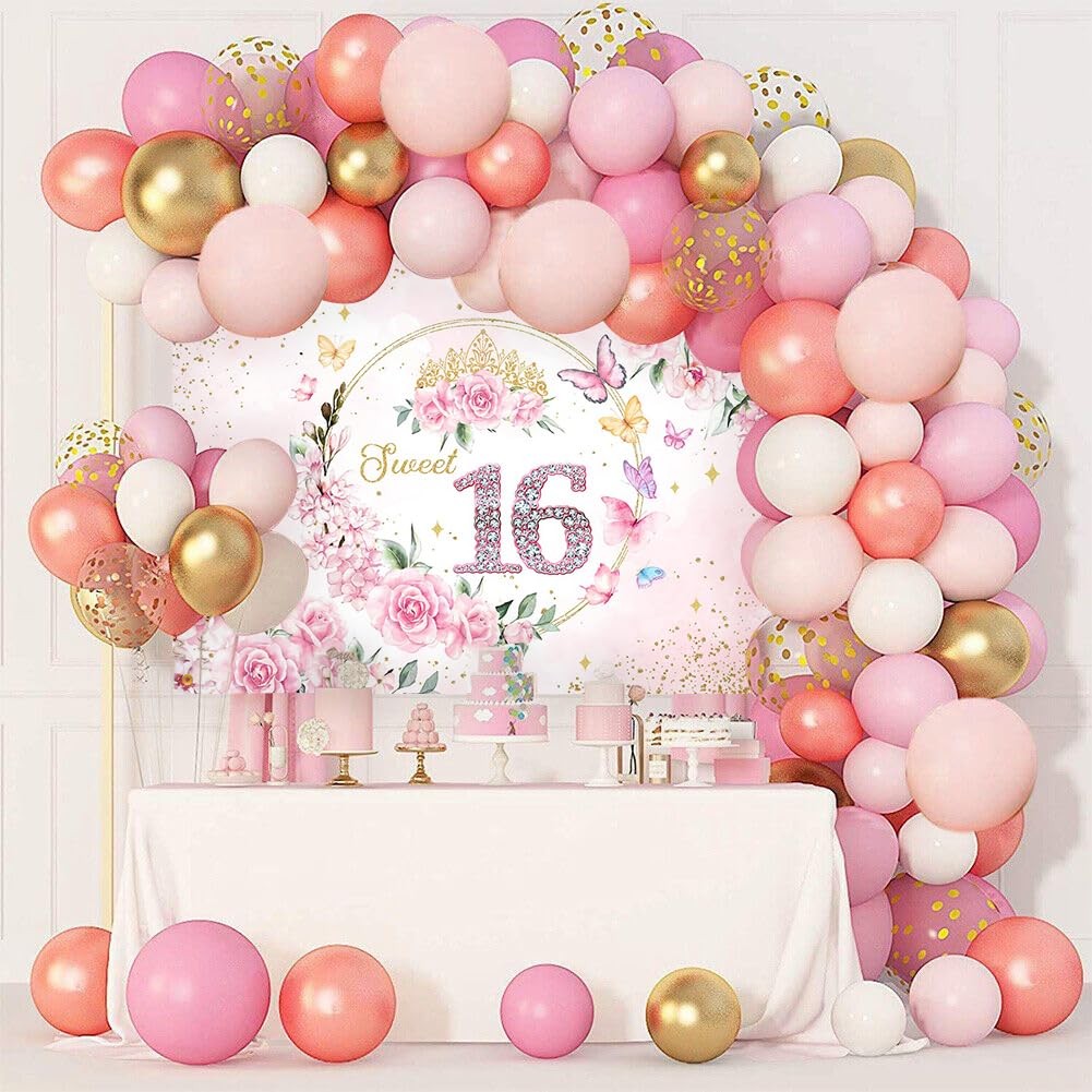 7x5ft Sweet 16 Backdrop Banner Decorations for Girls Birthday Party Pink Flor…
