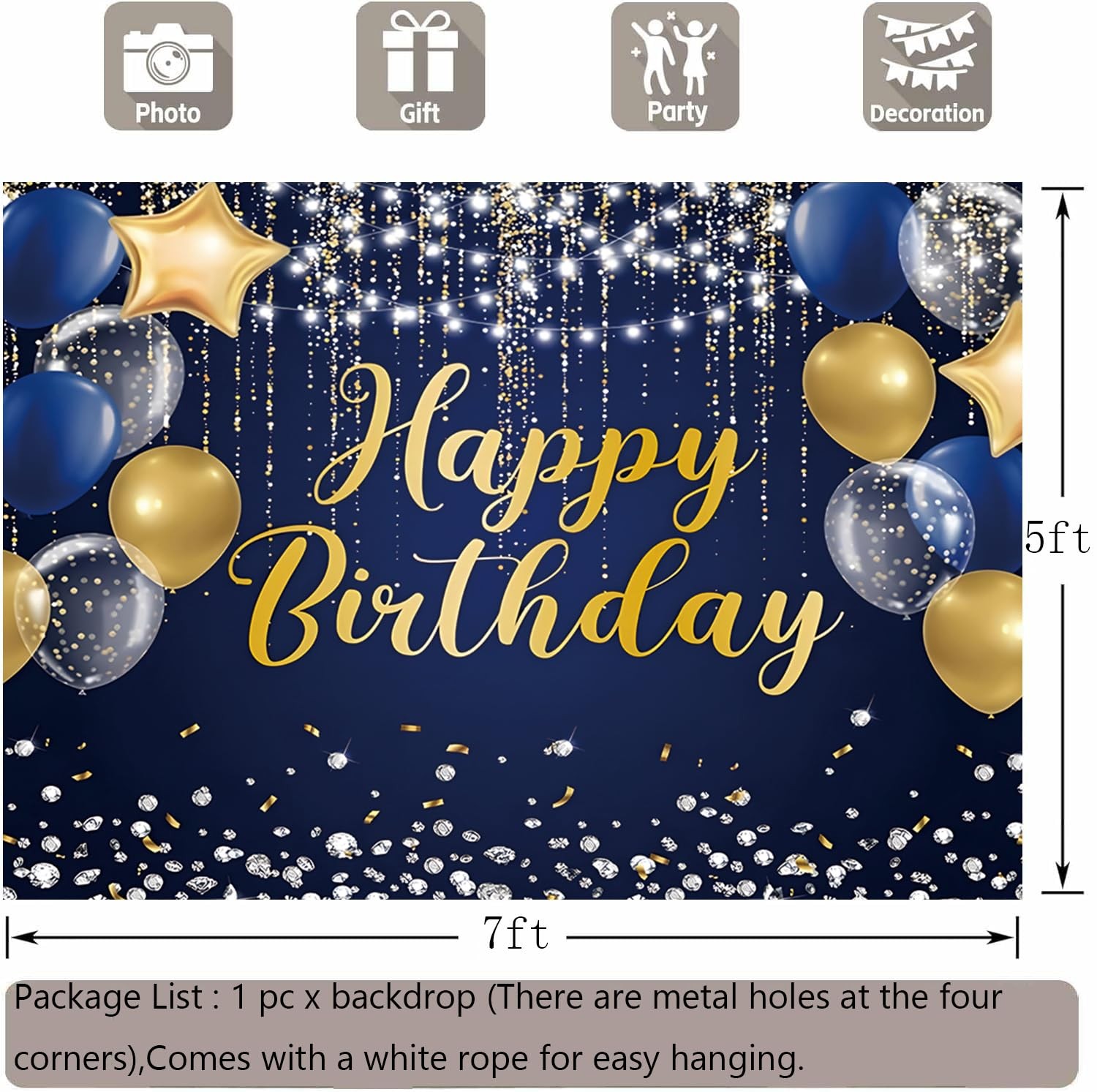 Happy Birthday Backdrop 7x5ft for Men Boys Navy Blue and Gold Happy Birthday …