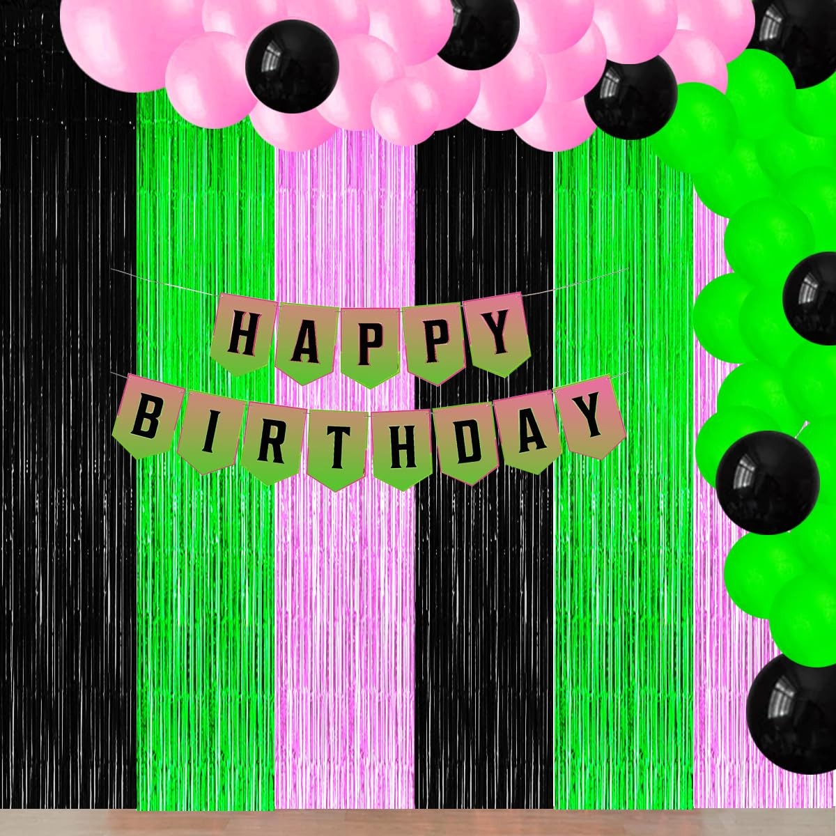 3 Pack Foil Fringe Curtain, Black, Pink, Green, Streamers, Halloween, Birthday