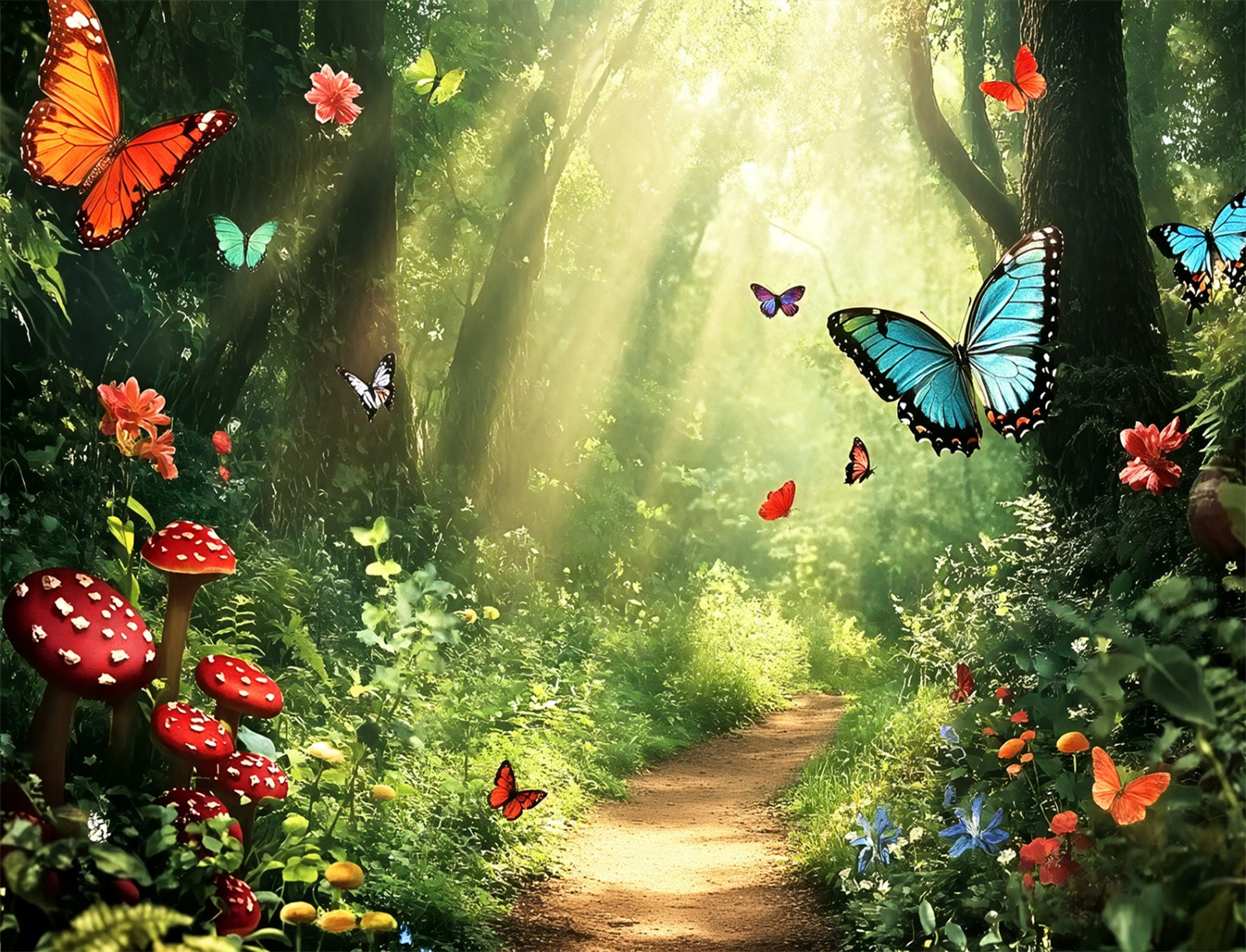 10x8ft Spring Enchanted Forest Backdrop Red Mushroom Background for Photography