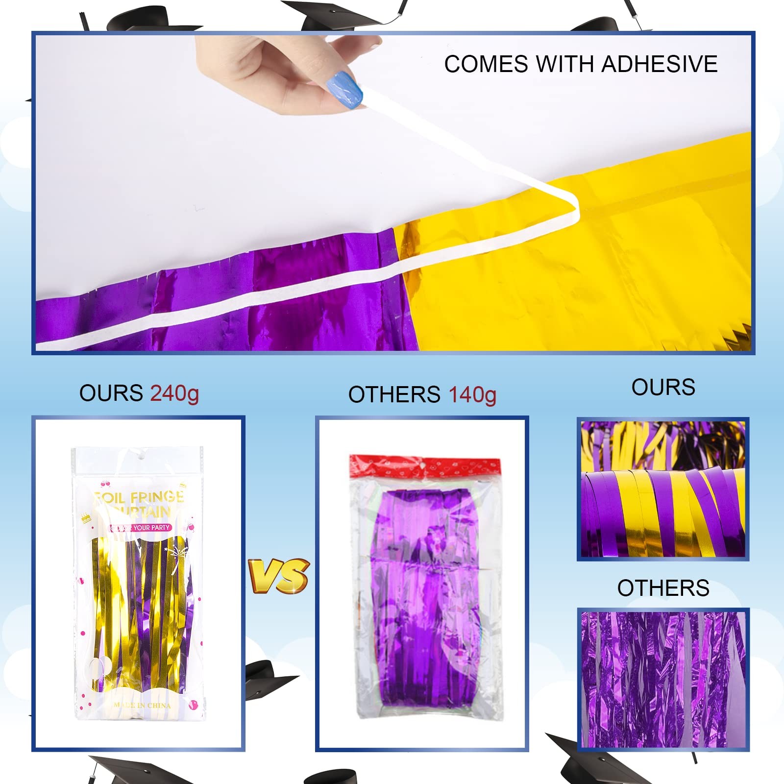 Graduation Party Decoration, 2 Pack Purple Gold Foil Fringe Curtain