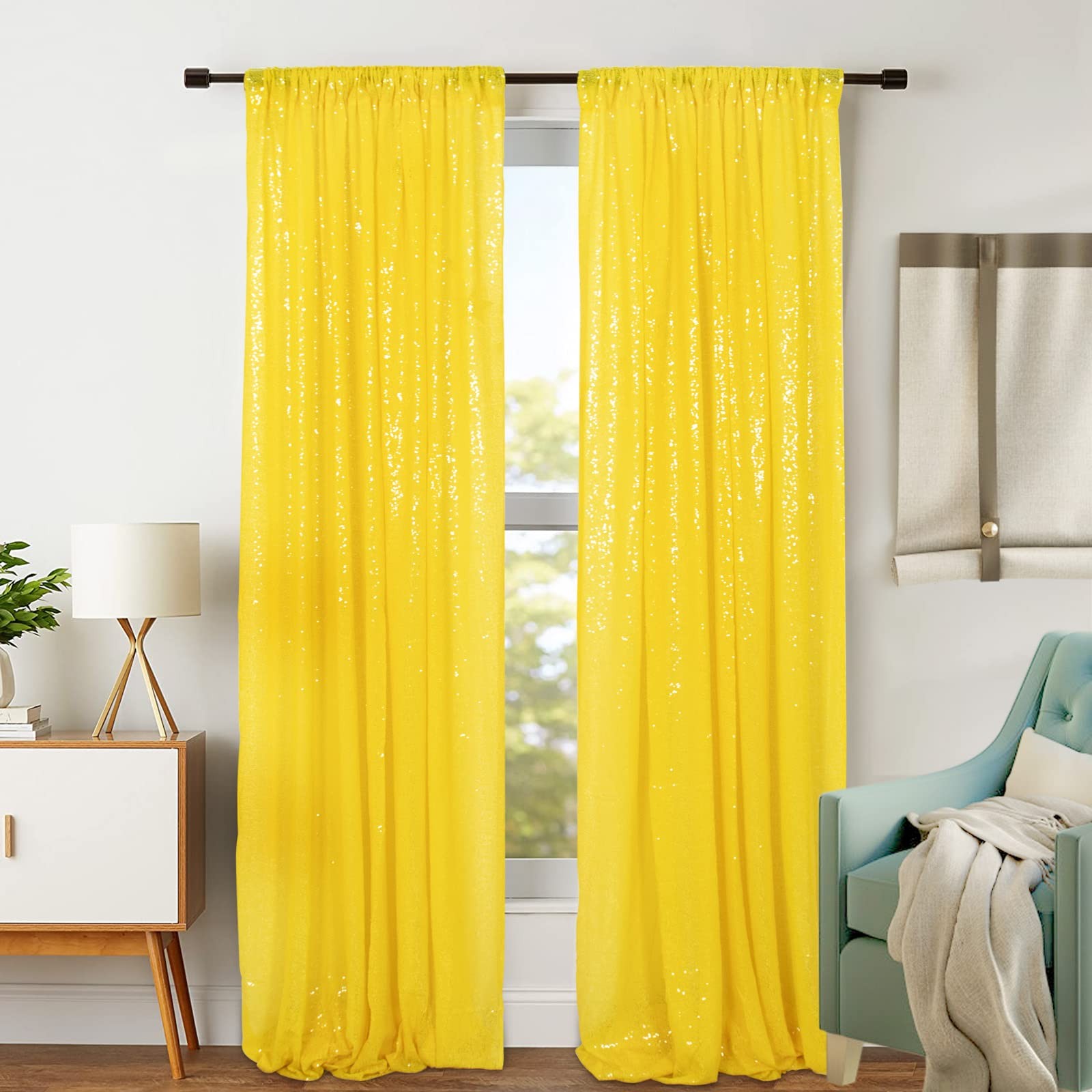 2 Panels 2×8 FT Yellow Sequin Curtains Photography Backdrop Prom Party Wedding