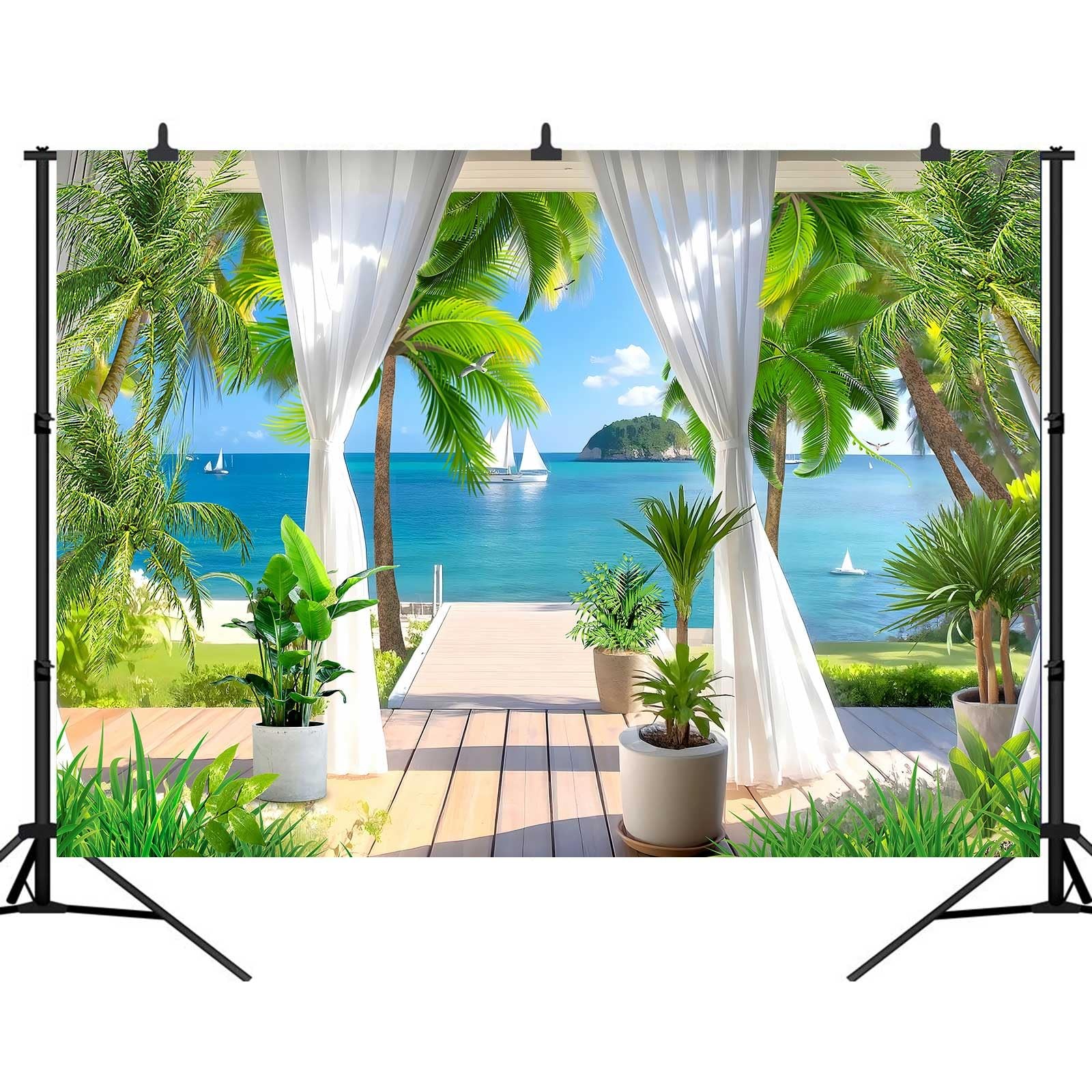 Summer Sea Backdrop Hawaiian Tropical Beach Plants Photography Backdrops, Vil…