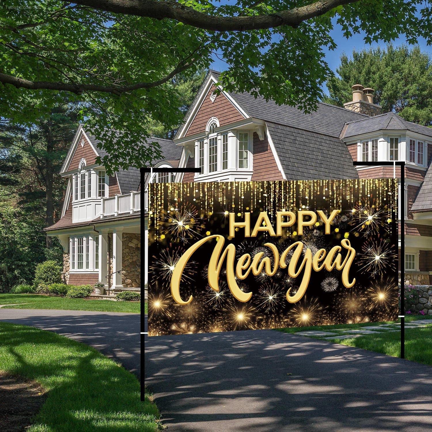 Happy New Year Hanging Extra Large Fabric 43.3 inches x 70.8 inches, Gold
