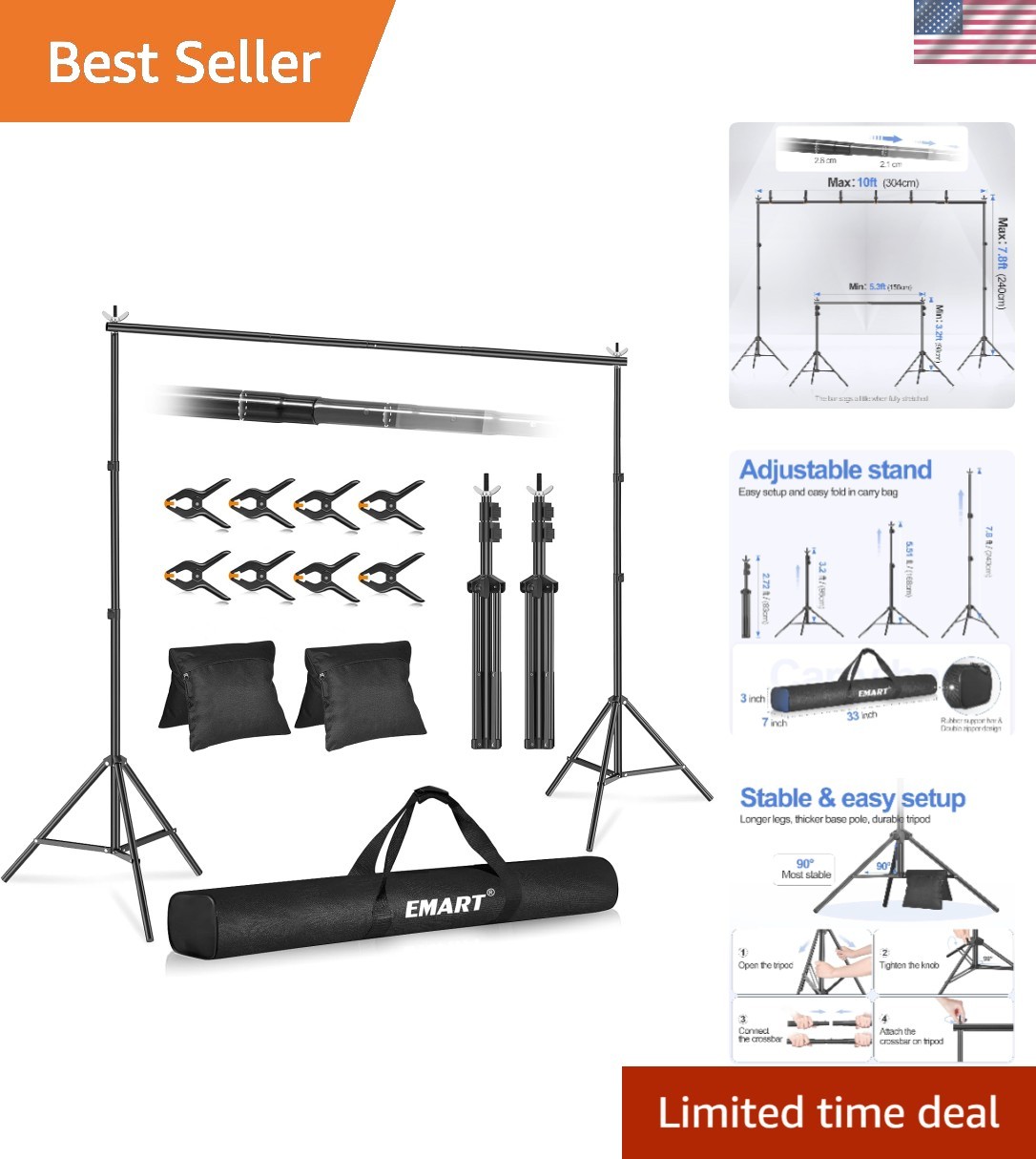Backdrop Stand 10×7.8ftWxH Photo Studio Adjustable Background Stand Support k…