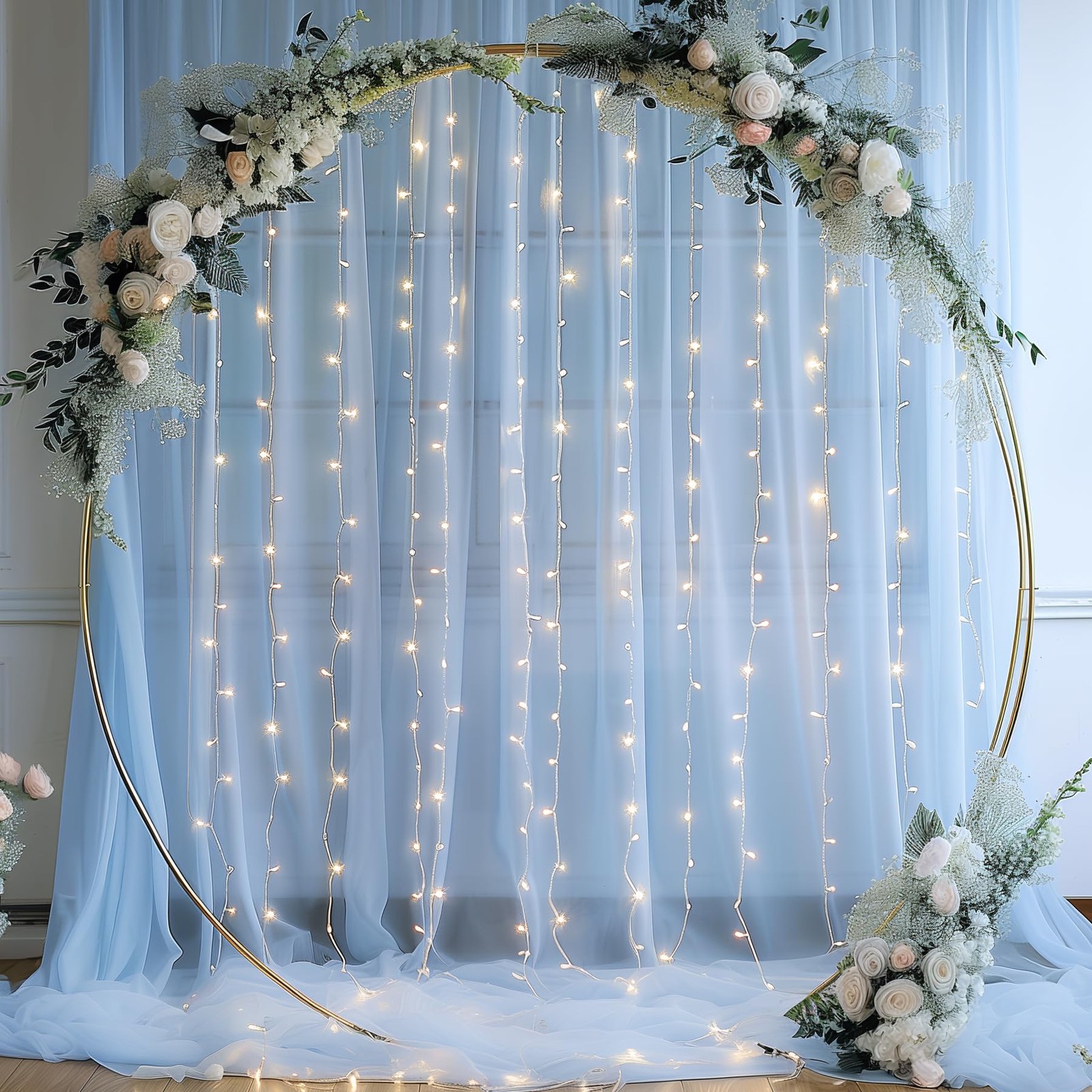 10×10ft Blue Tulle Backdrop Curtain with Lights String for Parties, Sheer Pho…