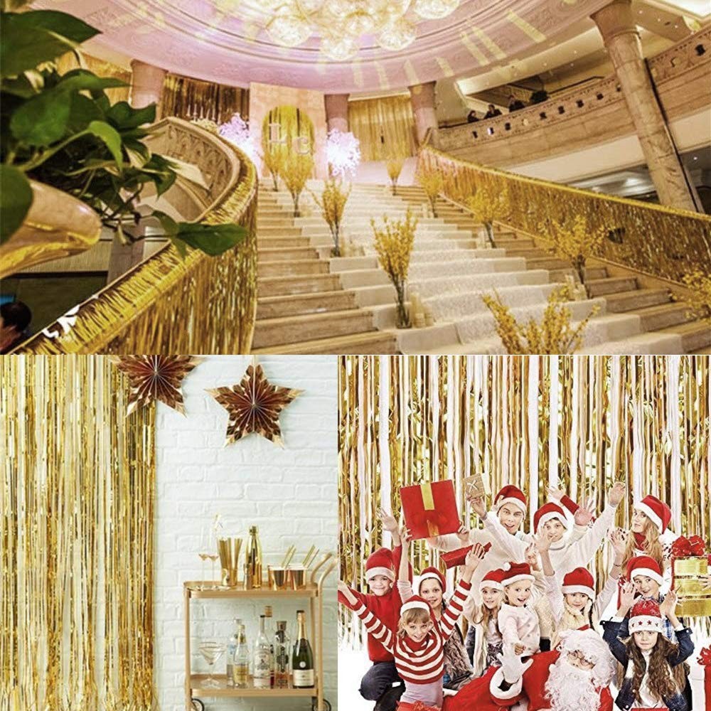 Gold Fringe Backdrop 3 PCS Gold Foil Curtains Streamers Bachelorette Party