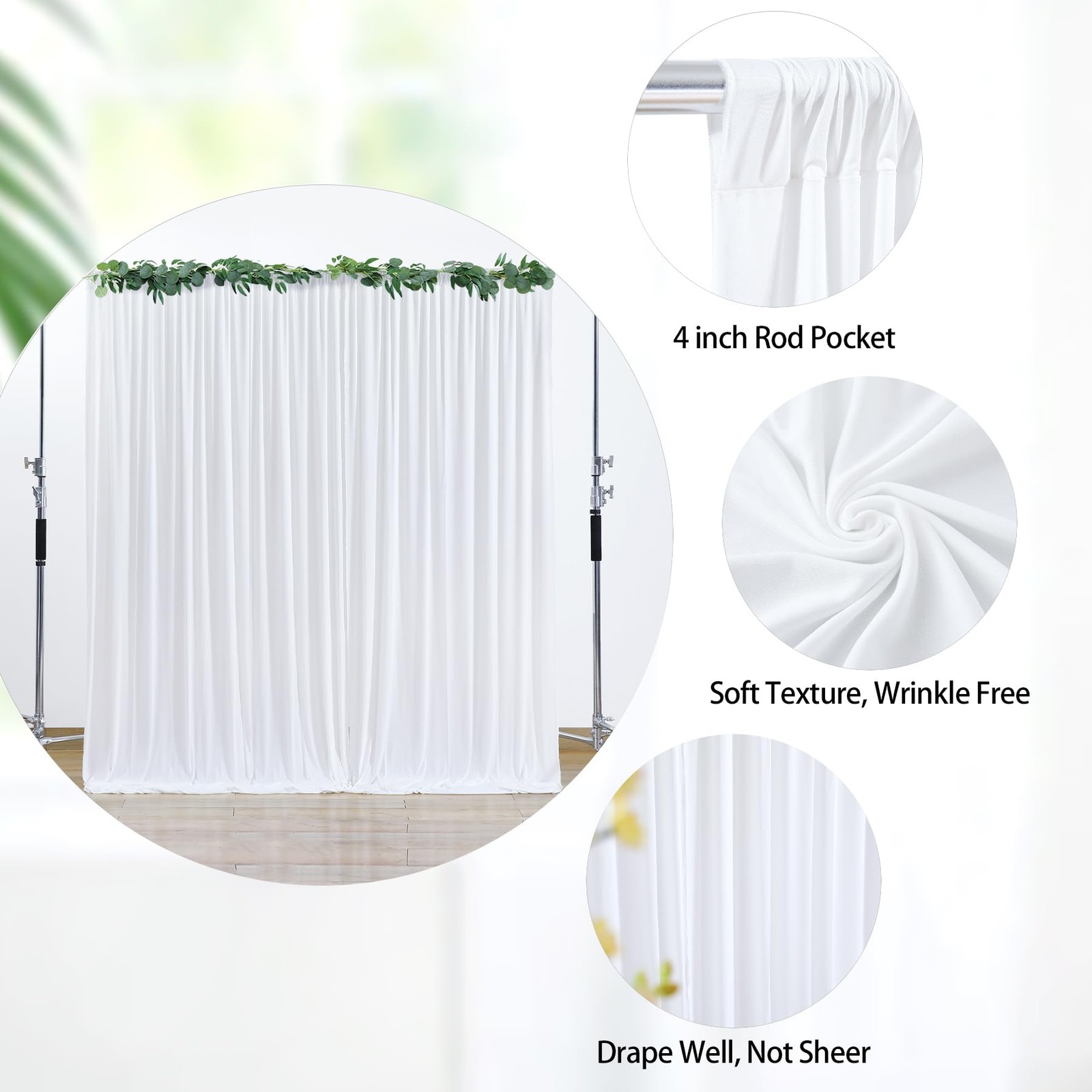 2 Panels White Backdrop Curtains 8×10 Ft Party Wedding Photo Soft Fabric Decor