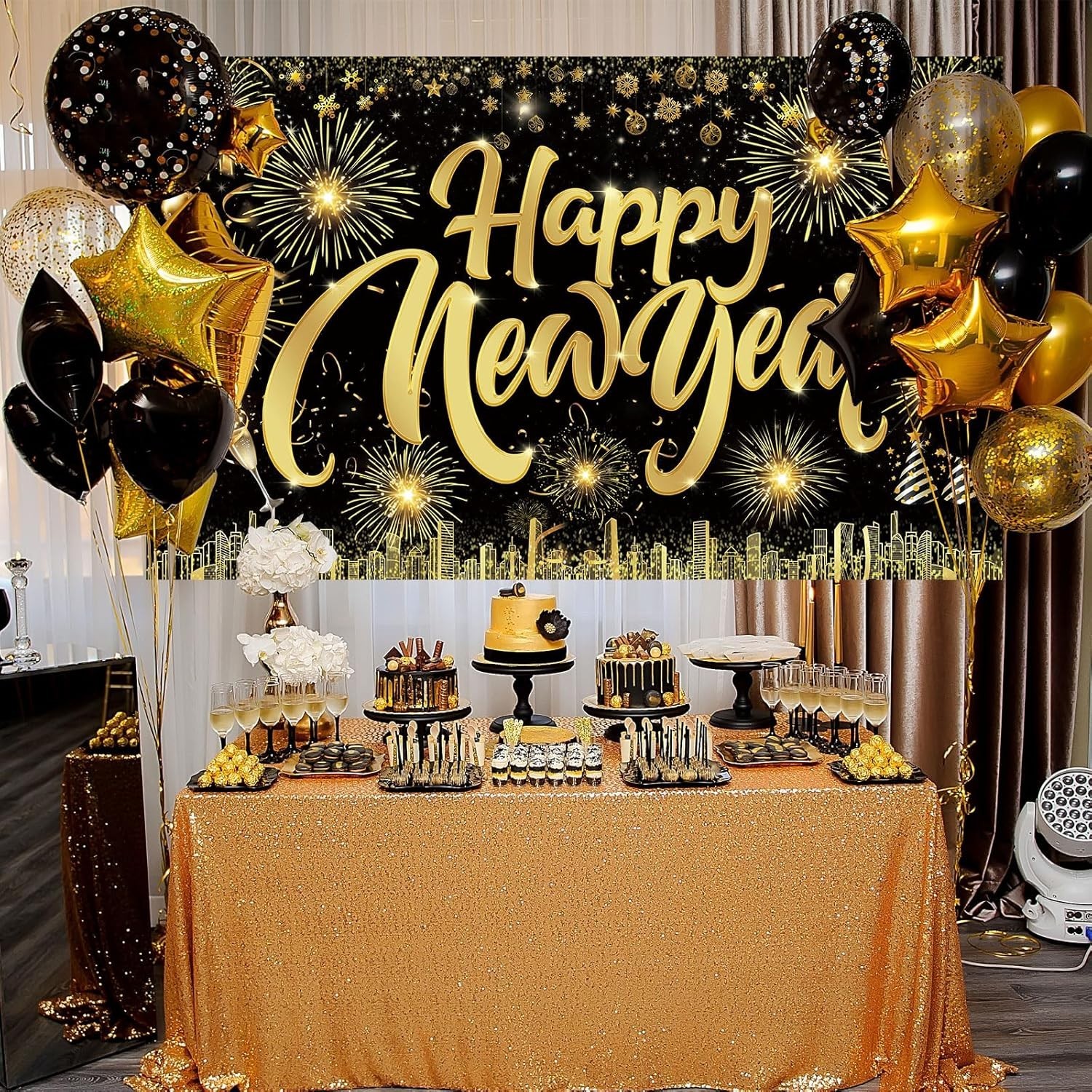Famoby Happy New Year Fabric Sign Poster Banner Backdrop with Fireworks Large