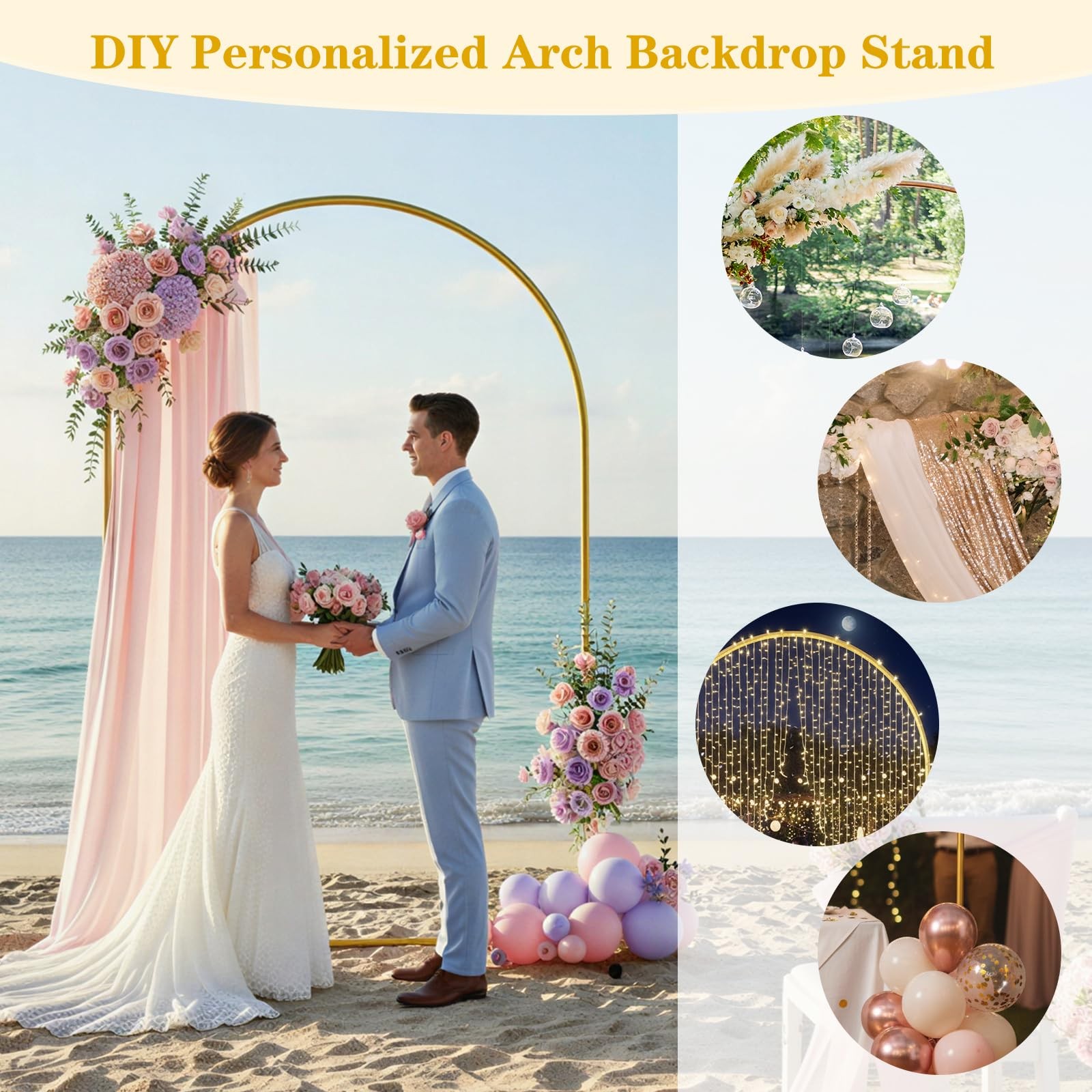 7.2 FT Metal Arch Backdrop Stand, Gold Wedding Arch Frame, Floral Balloon Arc…