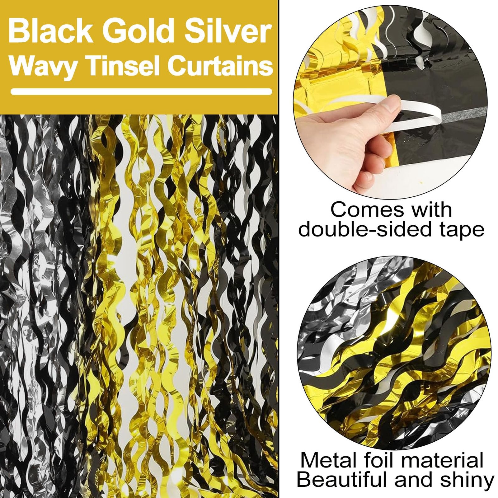Black Gold Silver Fringe Curtain Backdrop Metallic Tinsel 3.2×8.2FT 4 PCS
