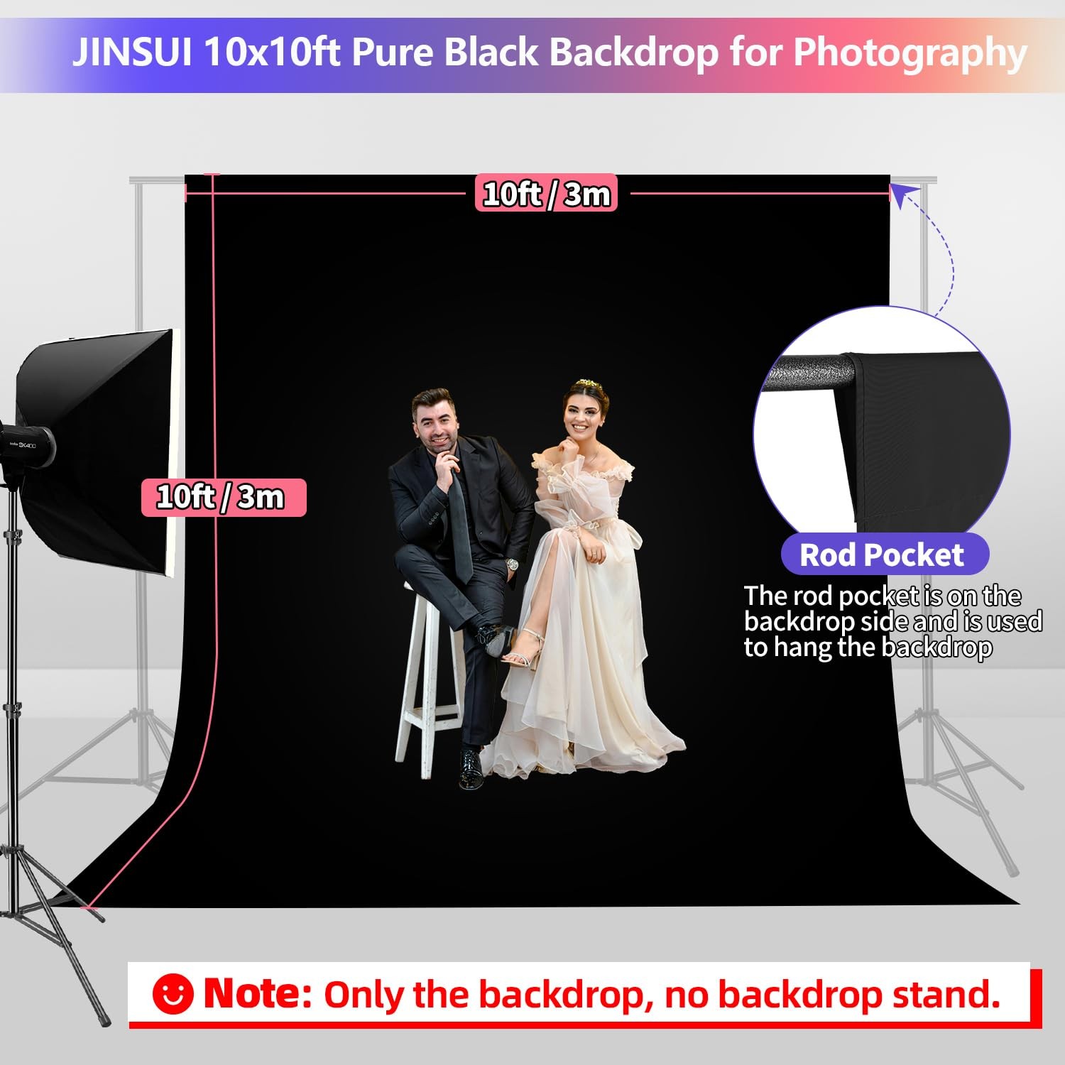 Black Backdrop 10x10ft, Photo Curtain for Photoshoot,