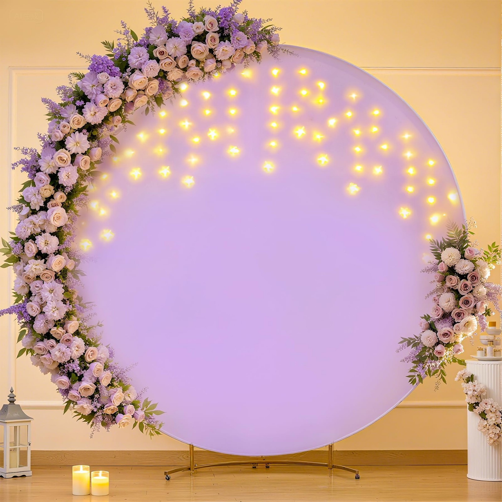 7.2 FT Purple Round Backdrop Cover with LED Fairy Lights for Weddings, Parties &