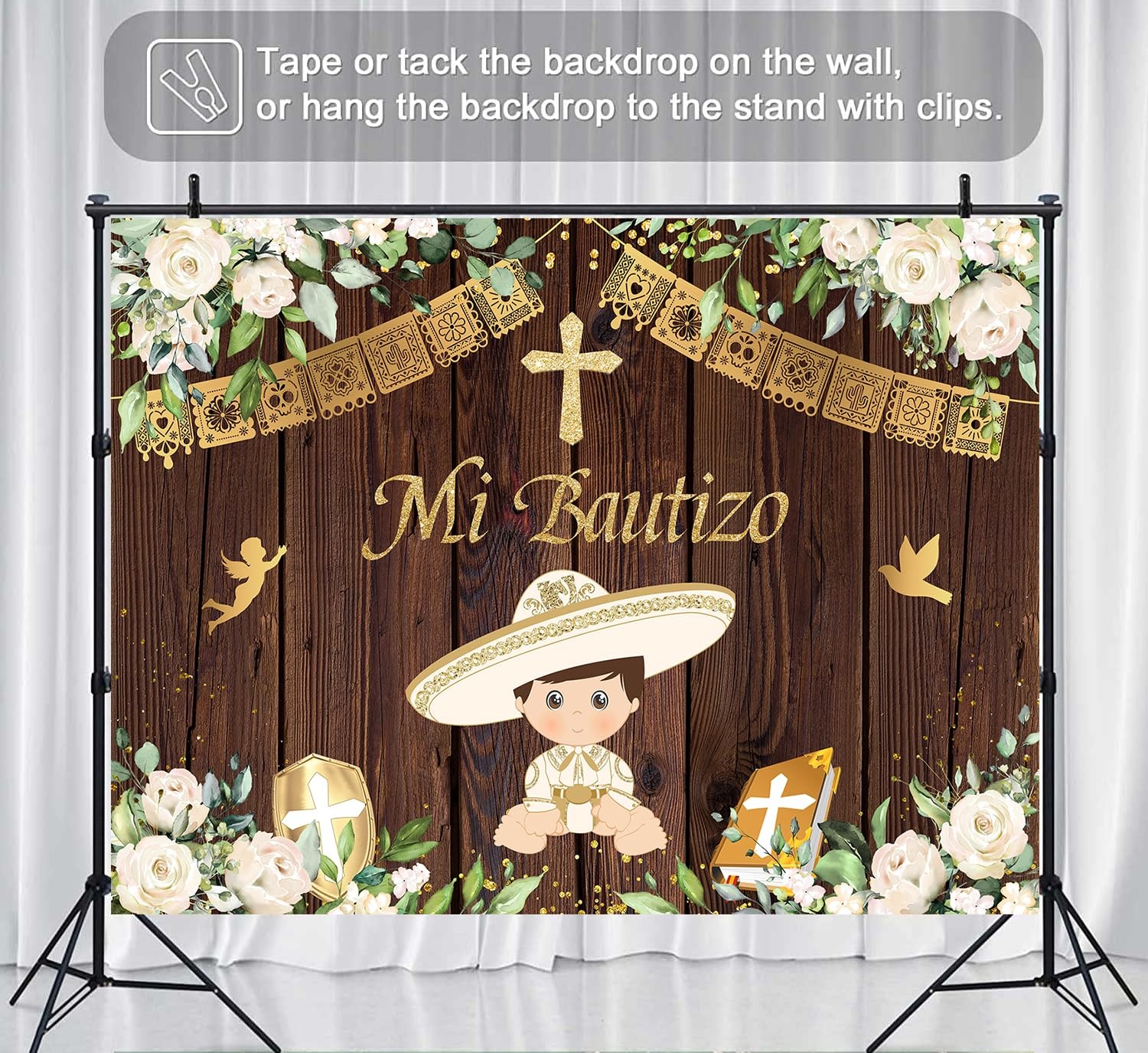 Newborn Mi Bautizo Backdrop Wood White Flower Gold Boy God Bless First Holy C…