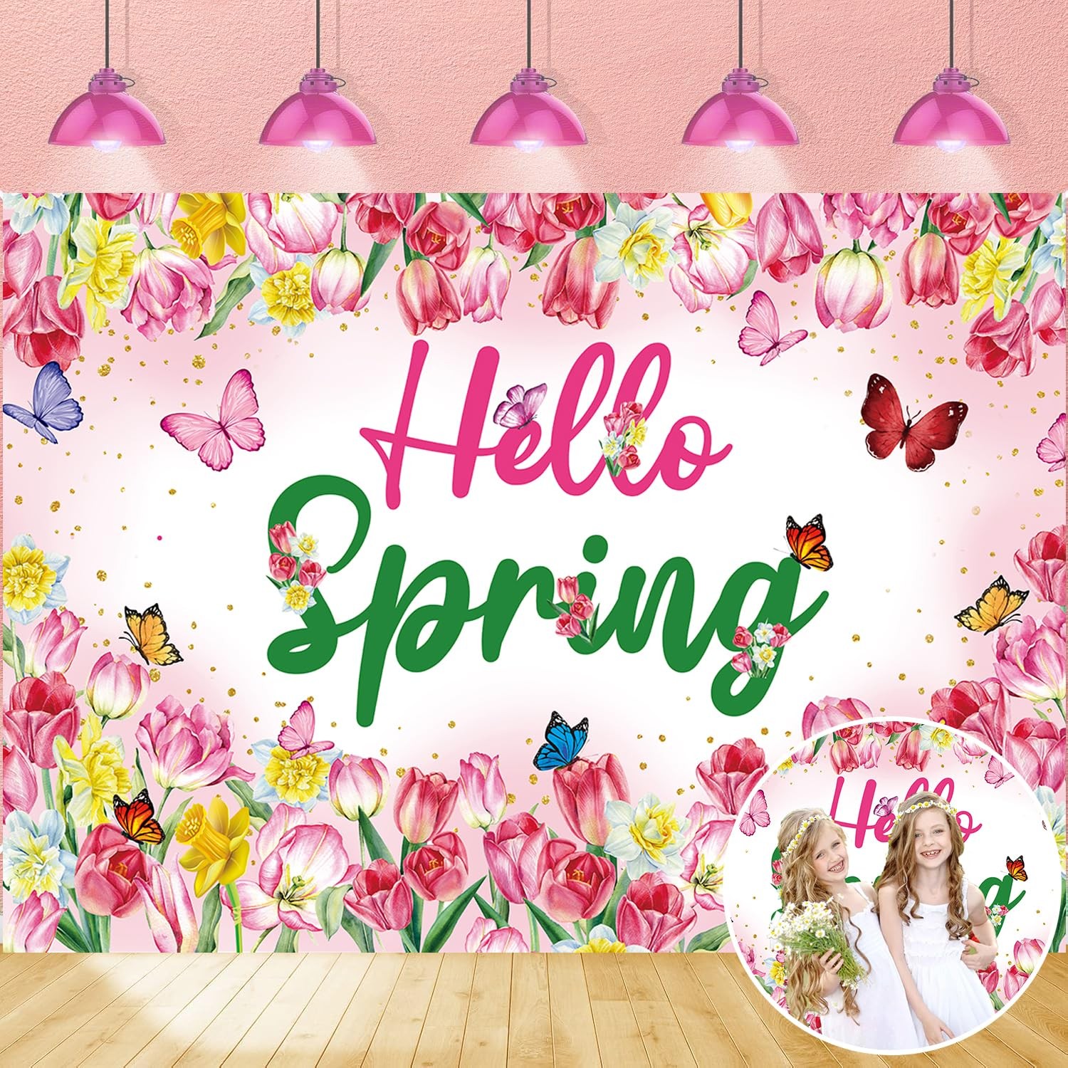 Hello Spring Backdrop Flower Butterfly Photography 7x5FT（210x150cm）, Pink
