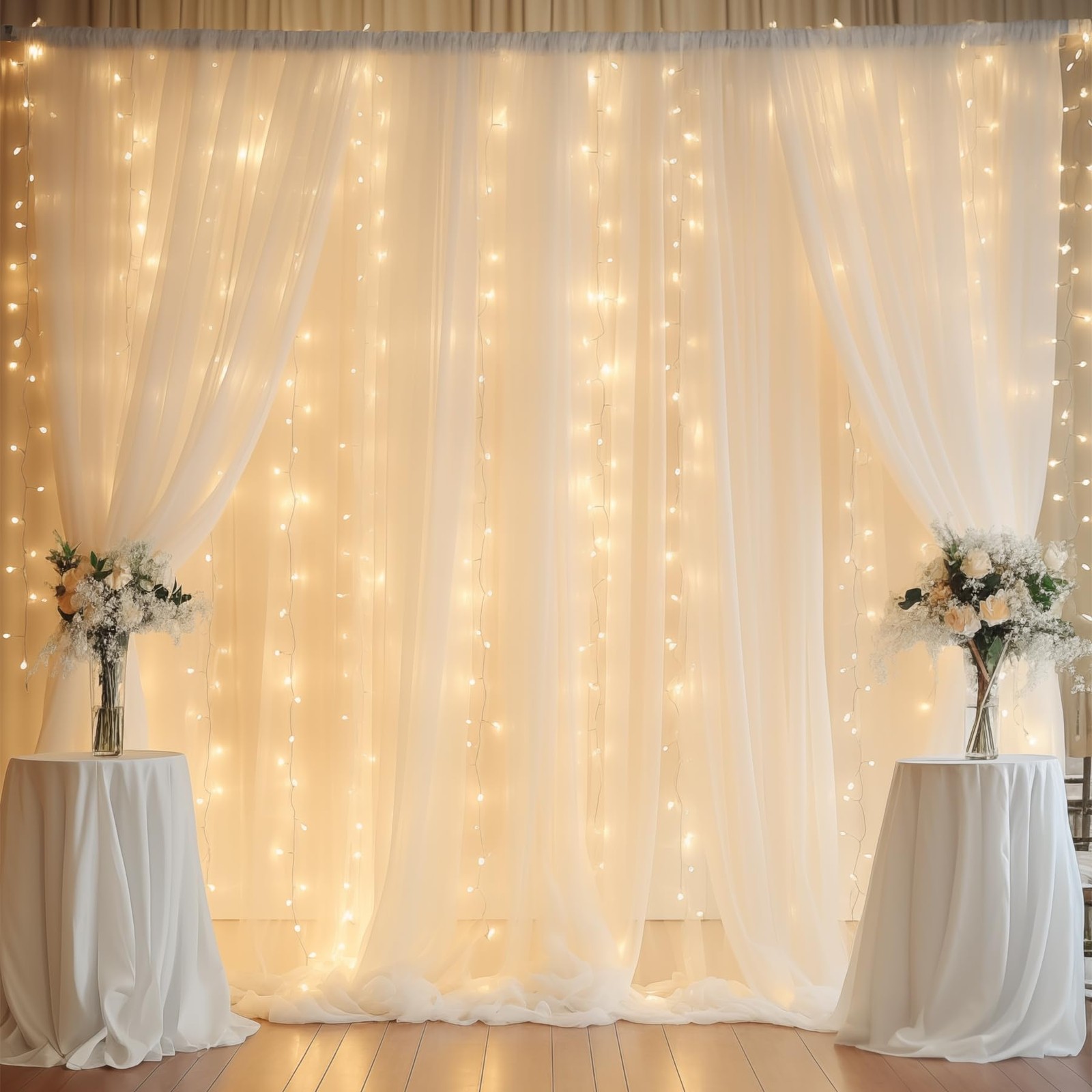 10x7ft Ivory Chiffon Backdrop Curtain With Lights String Wedding Decor