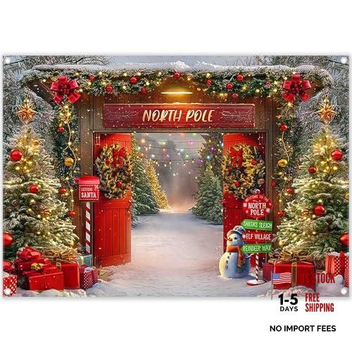 7x5ft Fabric Christmas Backdrop Winter Forest Wooden Barn Door North Pole
