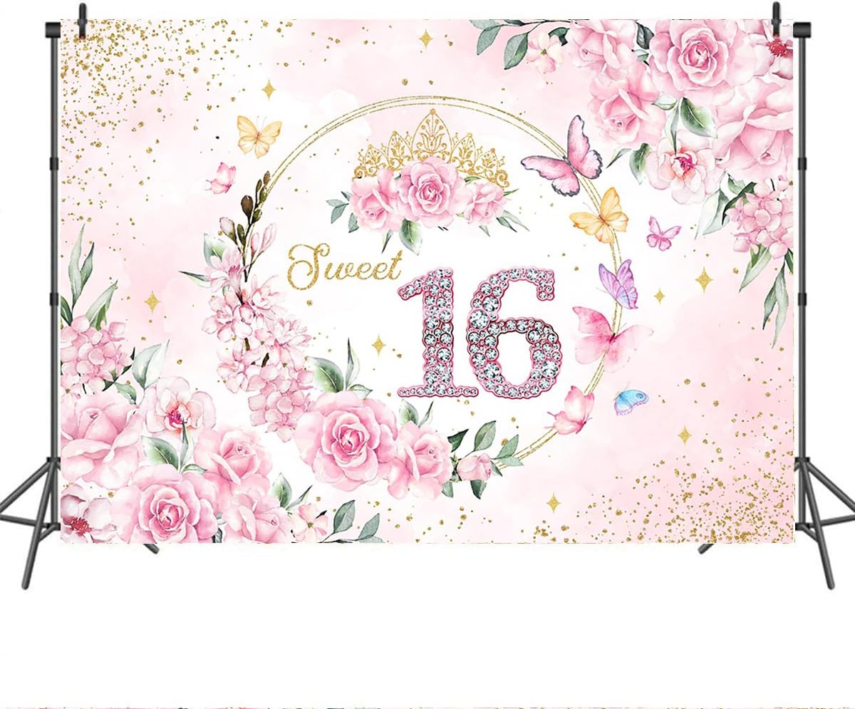 7x5ft Sweet 16 Backdrop Banner Decorations for Girls Birthday Party Pink Flor…