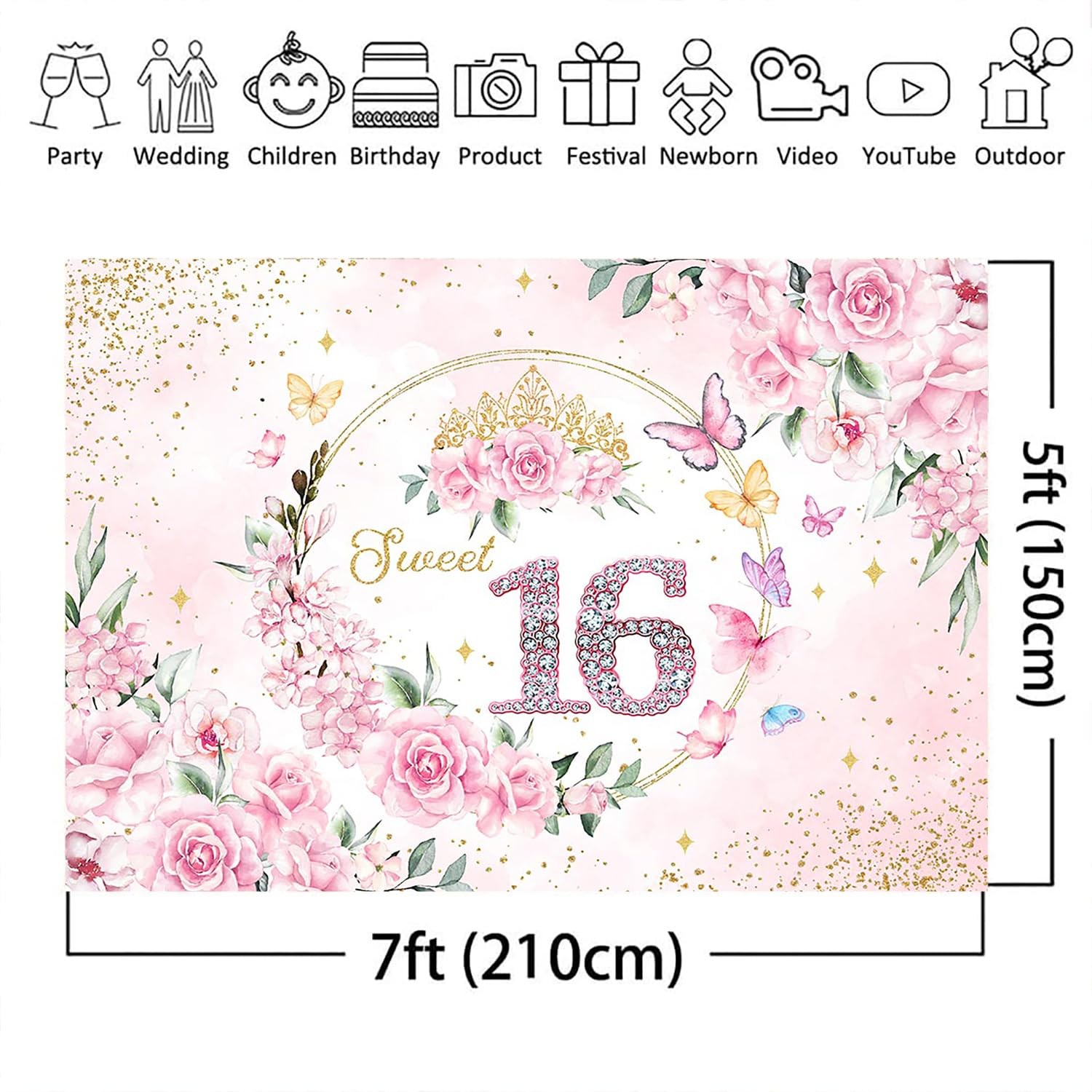 7x5ft Sweet 16 Backdrop Banner Decorations for Girls Birthday Party Pink Flor…
