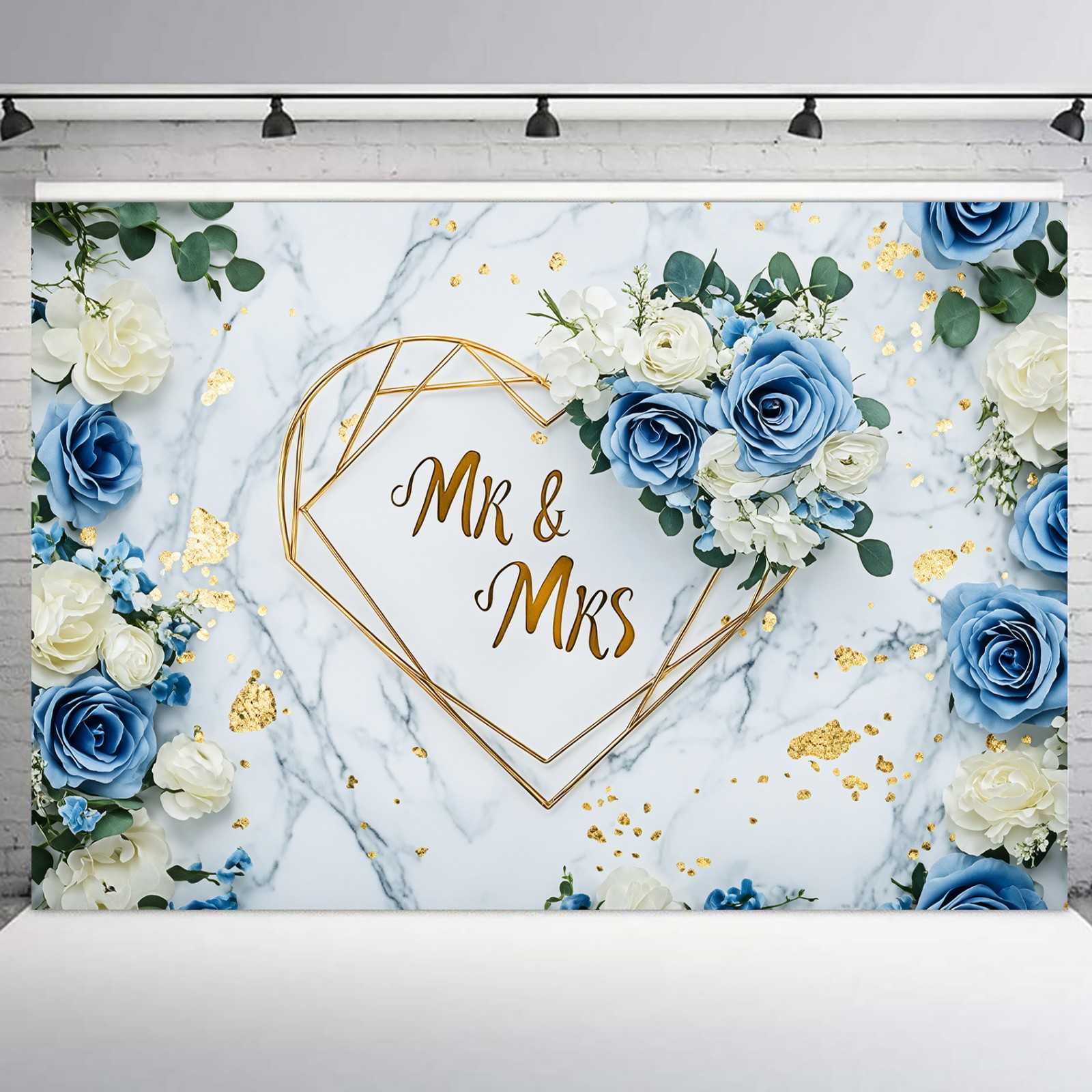10x8ft Bridal Blue Floral Mr and Mrs Wedding Vinyl Backdrop Photo Background