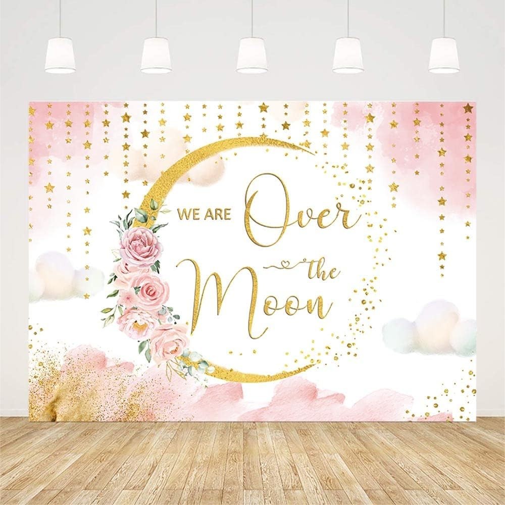 7x5ft Moon & Stars Blush Pink Watercolor Floral Celestial Baby Shower Backdrop