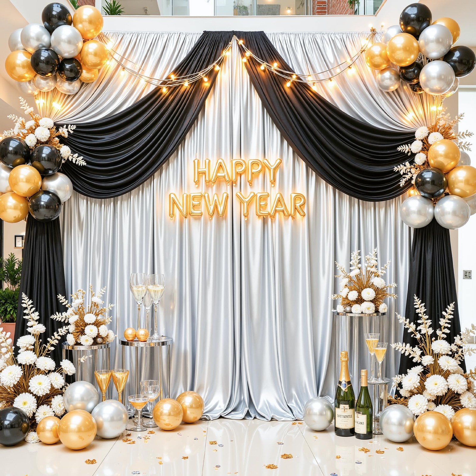 40x10ft Silver Glitter Backdrop Curtain for W5 x H10′(8 Panels),
