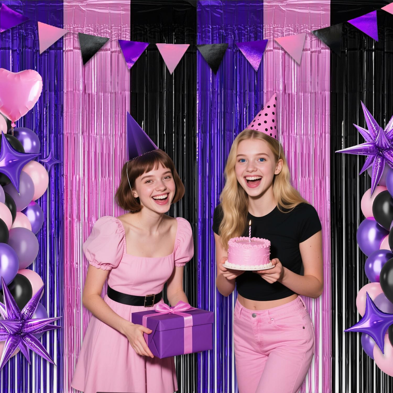 Pink Purple Black Foil Fringe Curtains Birthday Decorations, 2 Pack 3.2×6.6ft…