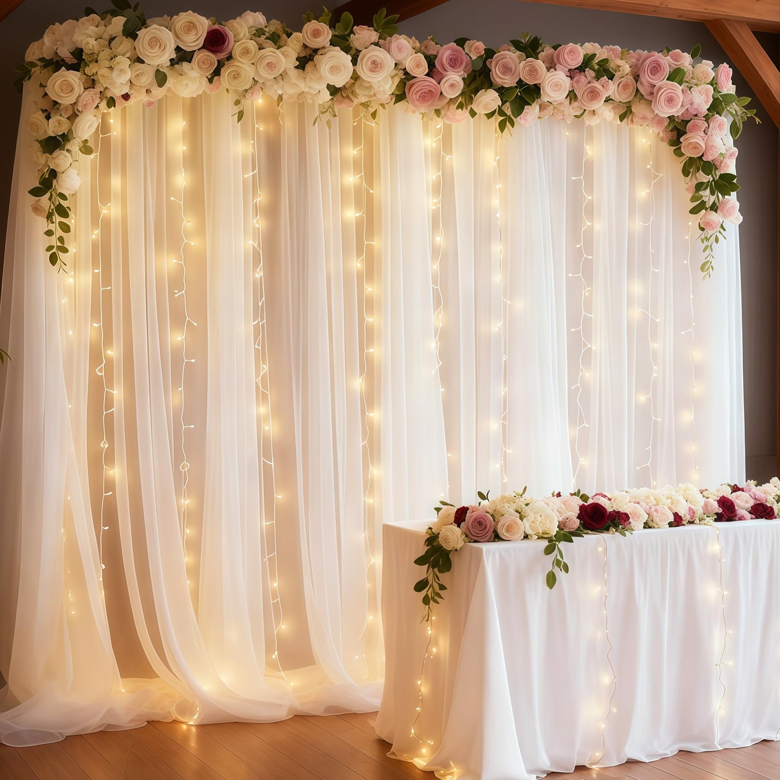 20×10ft White Tulle Backdrop Curtain with Lights String for Parties, Sheer Ph…