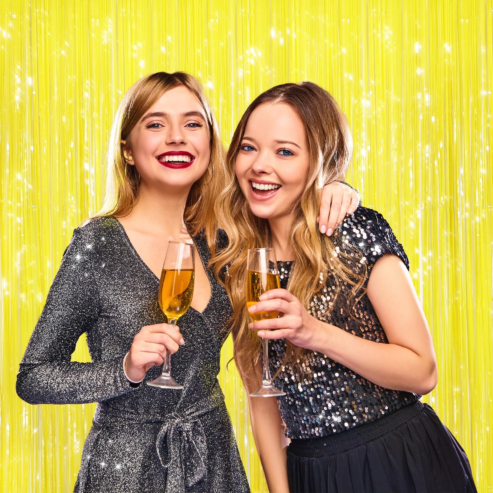 2 Pack Yellow Metallic Tinsel Foil Fringe Curtains Door Streamer, Party Backdrop