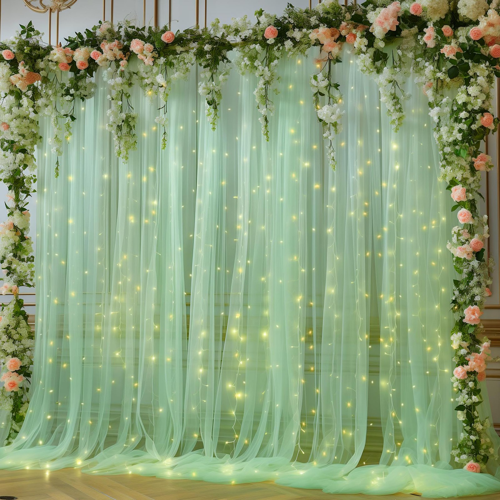 10×8ft Green Tulle Curtain Backdrop with Lights String for Parites, Sheer Bac…