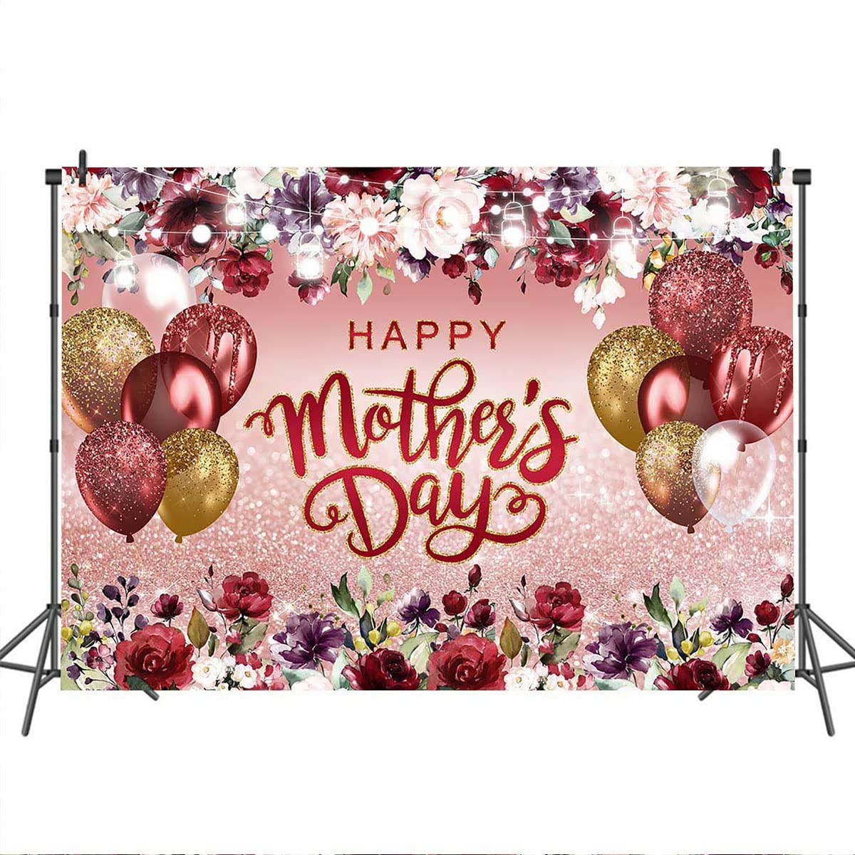 Happy Mother’s Day Backdrop Burgundy Flowers Rose Gold Glitter Photo Background